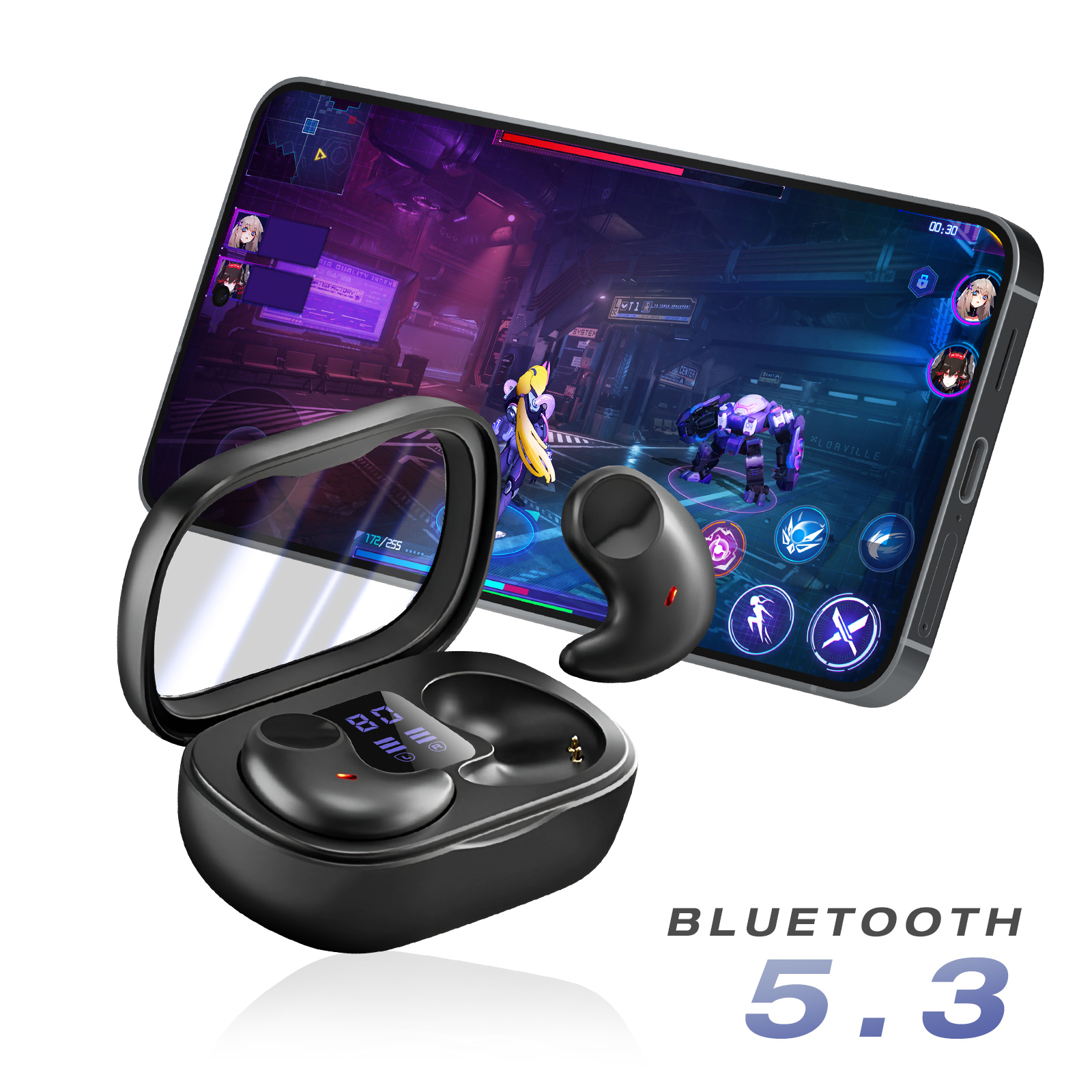 Auricolari neri, custodia di ricarica e telefono che mostra una scena di gioco con robot. Bluetooth 5.3 è scritto sotto.