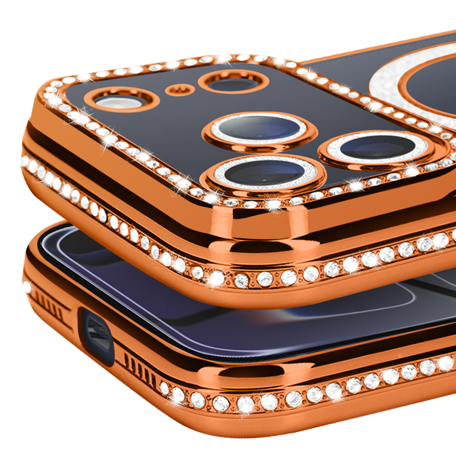 Gros plan de deux coques de téléphone, couleur cuivre avec cristaux incrustés. La coque supérieure présente des découpes pour l'appareil photo.