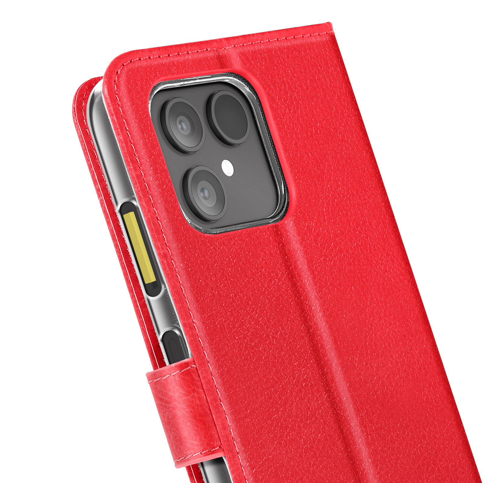 Custodia rossa per telefono, primo piano. Include telefono, lenti e una patta.
