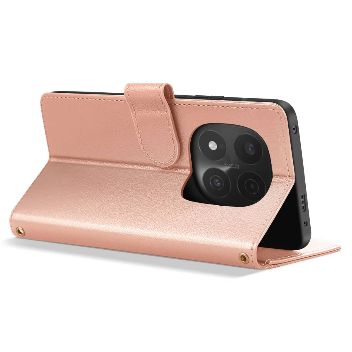 Una custodia rosa dorato protegge un telefono. La custodia è aperta, rivelando il modulo fotocamera del telefono.