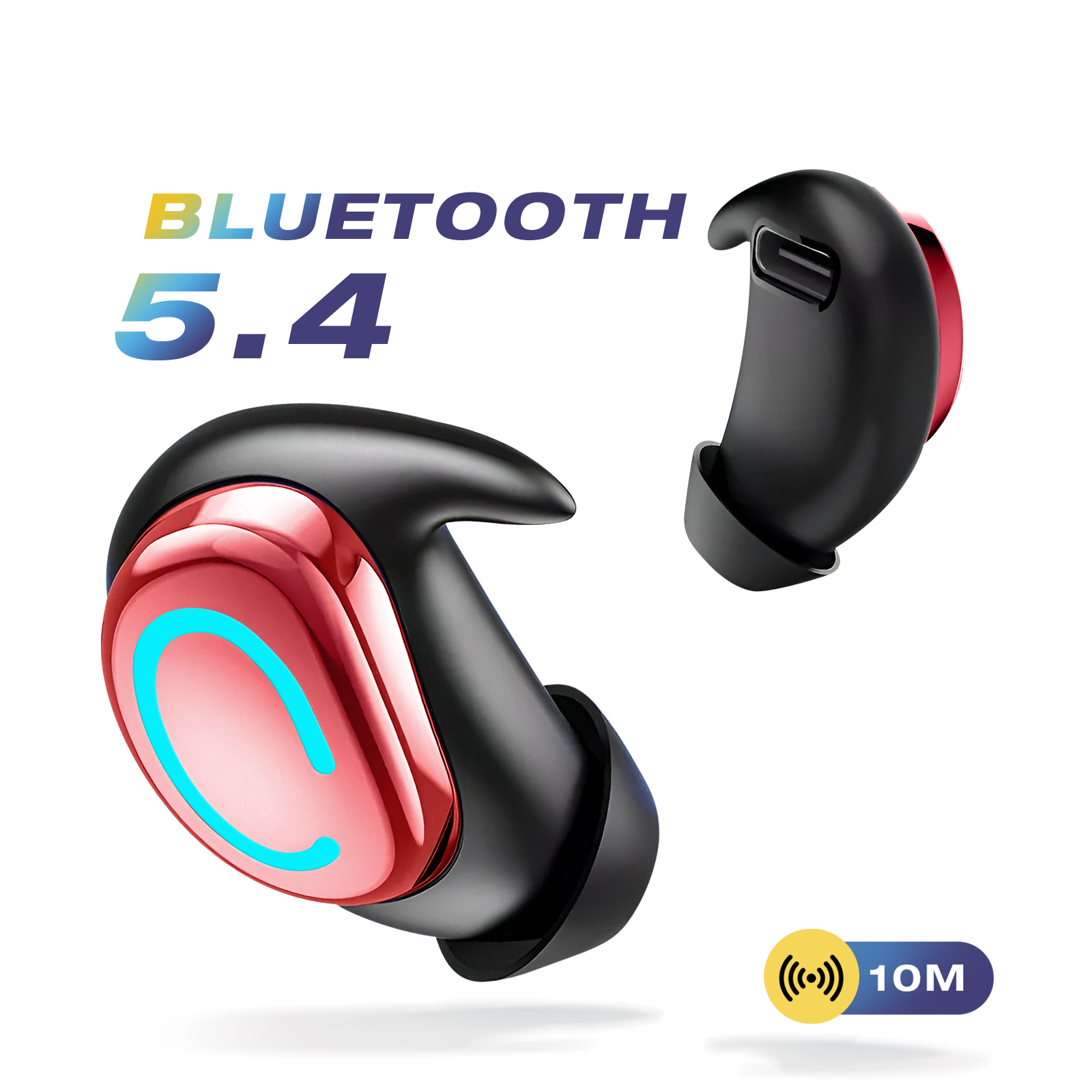 Deux écouteurs sans fil avec un design rouge et noir. Texte Bluetooth 5.4 visible. Une icône de distance de 10M en bas à droite.