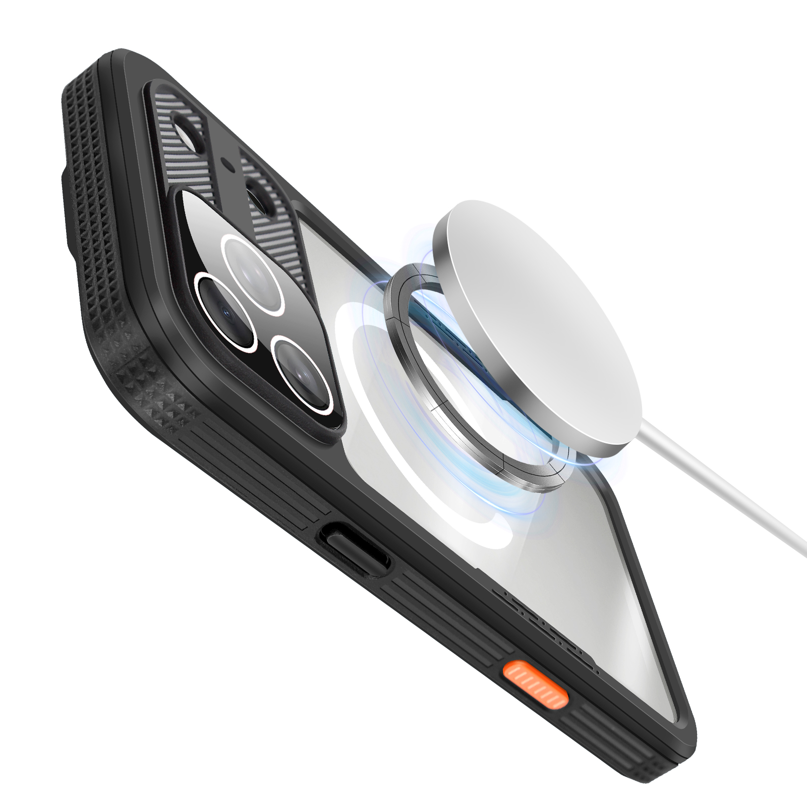 Zwarte telefoonhoes met doorzichtige achterkant. Zilveren MagSafe-oplader bevestigd. Witte achtergrond.