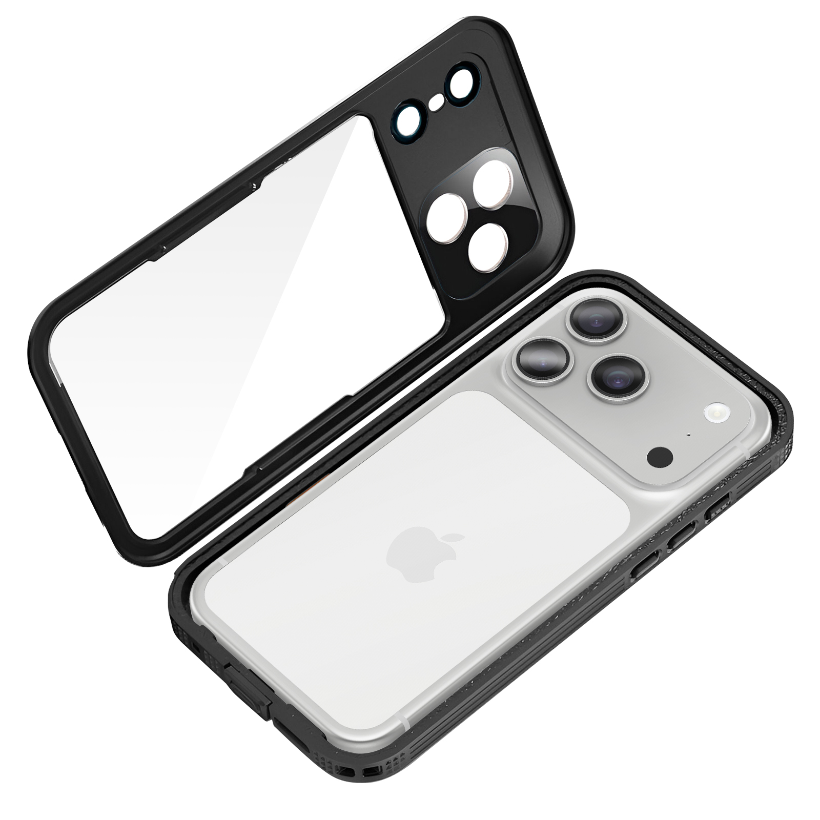 Een iPhone met een doorzichtige hoes. De hoes is zwart en heeft een doorzichtige achterkant. De telefoon is zilver.