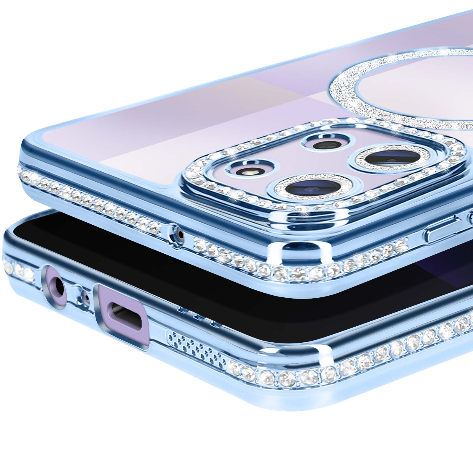 Close-up van een blauwe telefoonhoes met kristallen versieringen. Het heeft een uitsparing voor de camera en een doorzichtige bovenlaag.