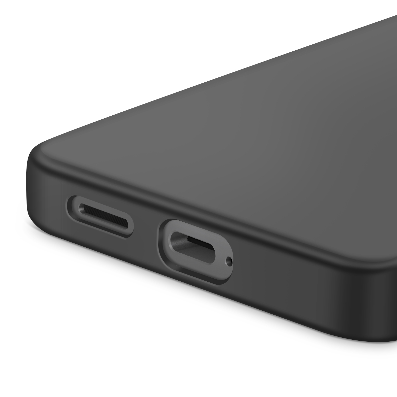 Gros plan sur une coque de téléphone noire. Montre le port de chargement et les découpes des haut-parleurs. Fond blanc.