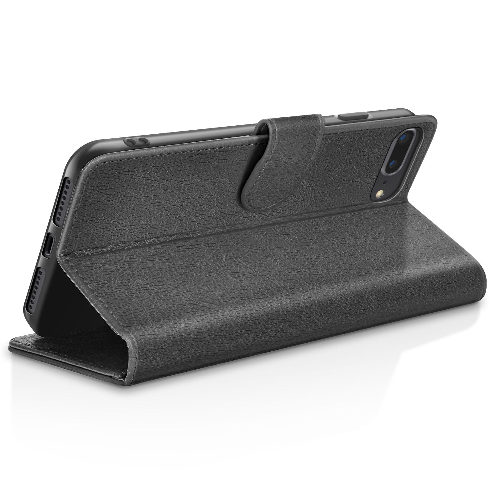 Un téléphone noir dans un étui en cuir est ouvert. L'étui est texturé et possède une fermeture magnétique.