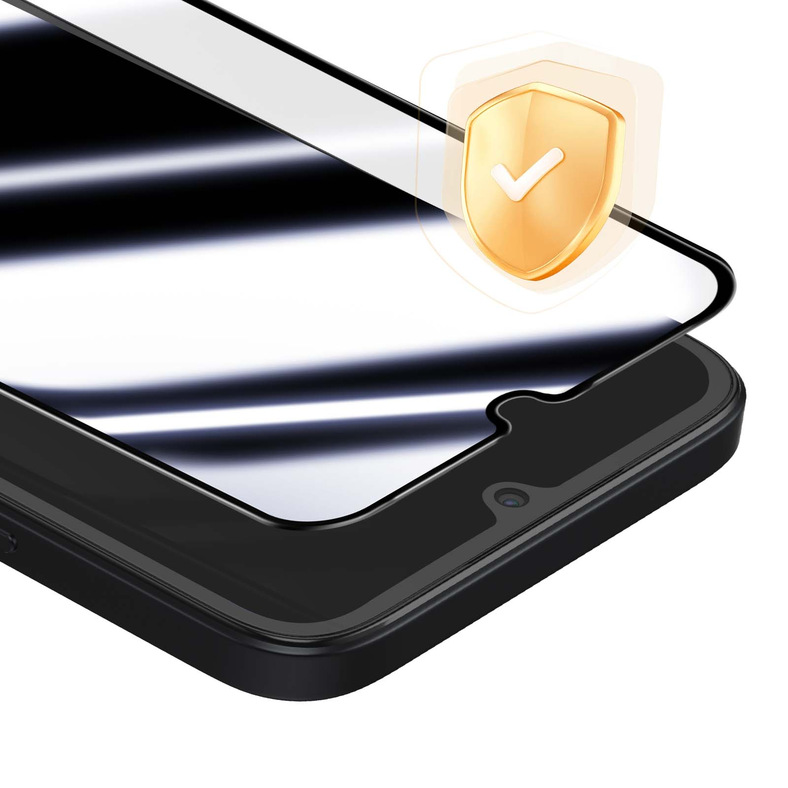 Un proteggi schermo per smartphone, uno scudo dorato con un segno di spunta e la cornice nera del telefono.