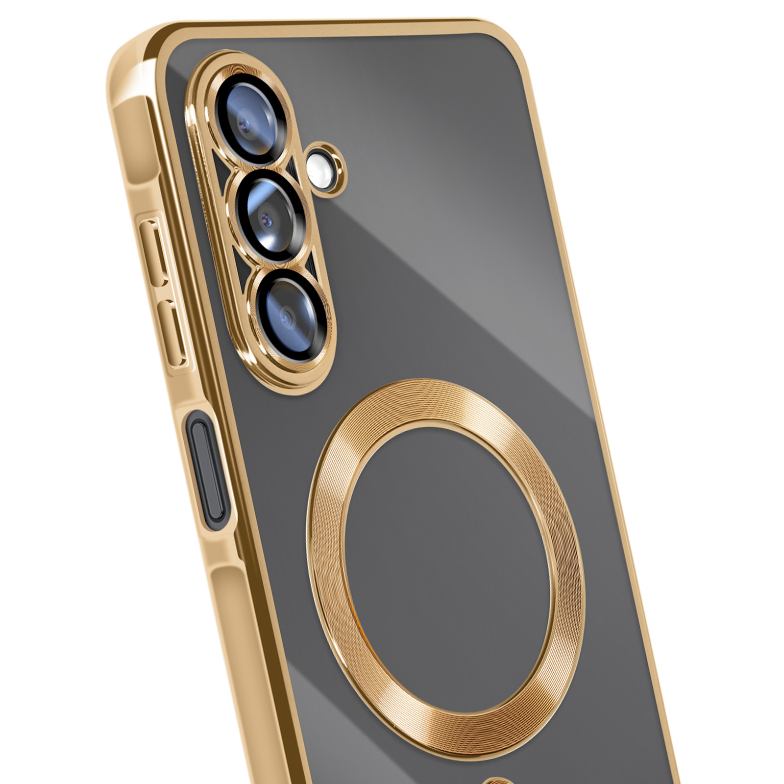 Een telefoonhoesje met gouden rand. Het heeft drie cameralenzen en een gouden ring. De hoes is donkergrijs.