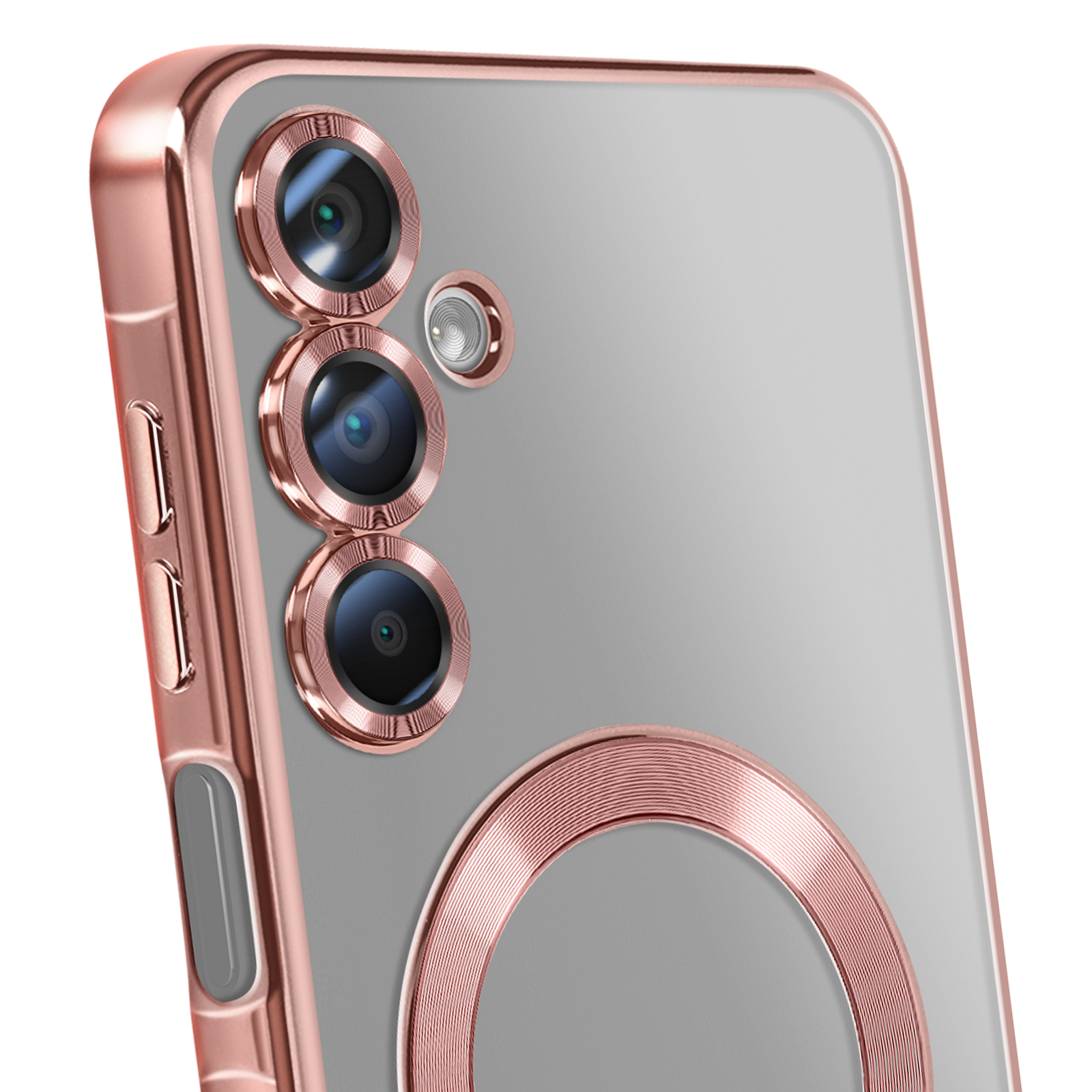 Nahaufnahme einer Handyhülle mit drei Kameralinsen in Roségold. Die Handyhülle hat einen metallischen Ring um die Kameralinsen.
