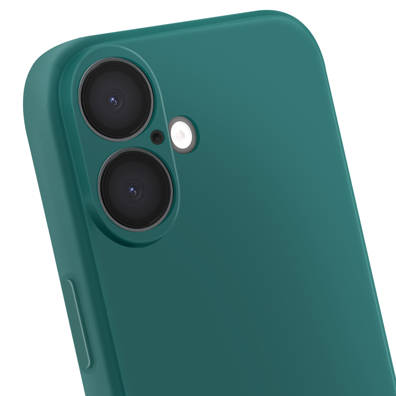 Primo piano di una custodia per telefono verde acqua con due lenti della fotocamera, un flash e sfondo bianco.
