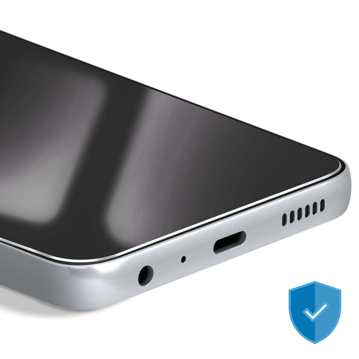 Gros plan d'un téléphone argenté avec écran noir. Comprend une prise casque, un port de charge et des trous de haut-parleur. Logo de bouclier bleu.