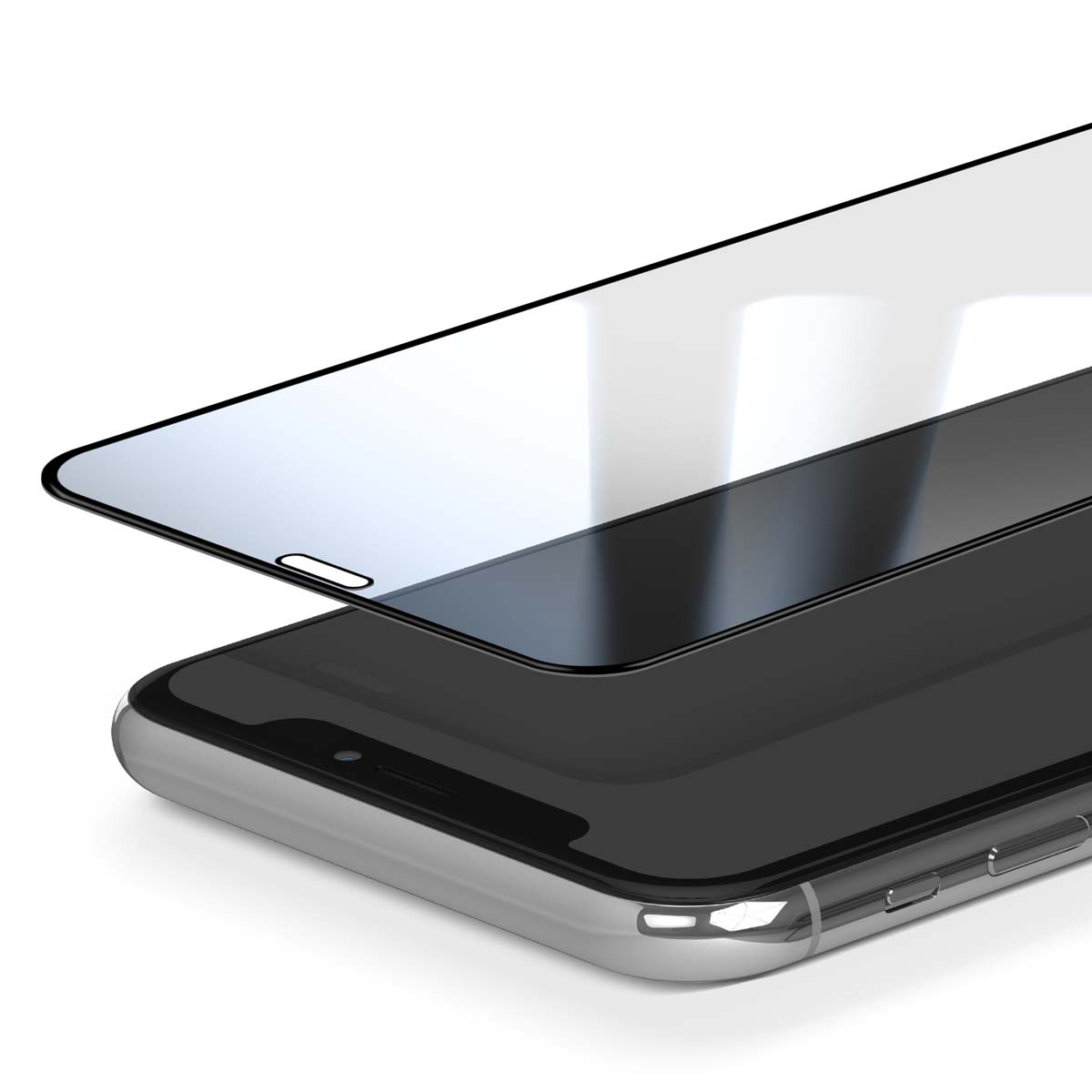 Un smartphone avec un protecteur d'écran en cours d'application. Le protecteur est légèrement soulevé, montrant l'écran. Fond blanc.