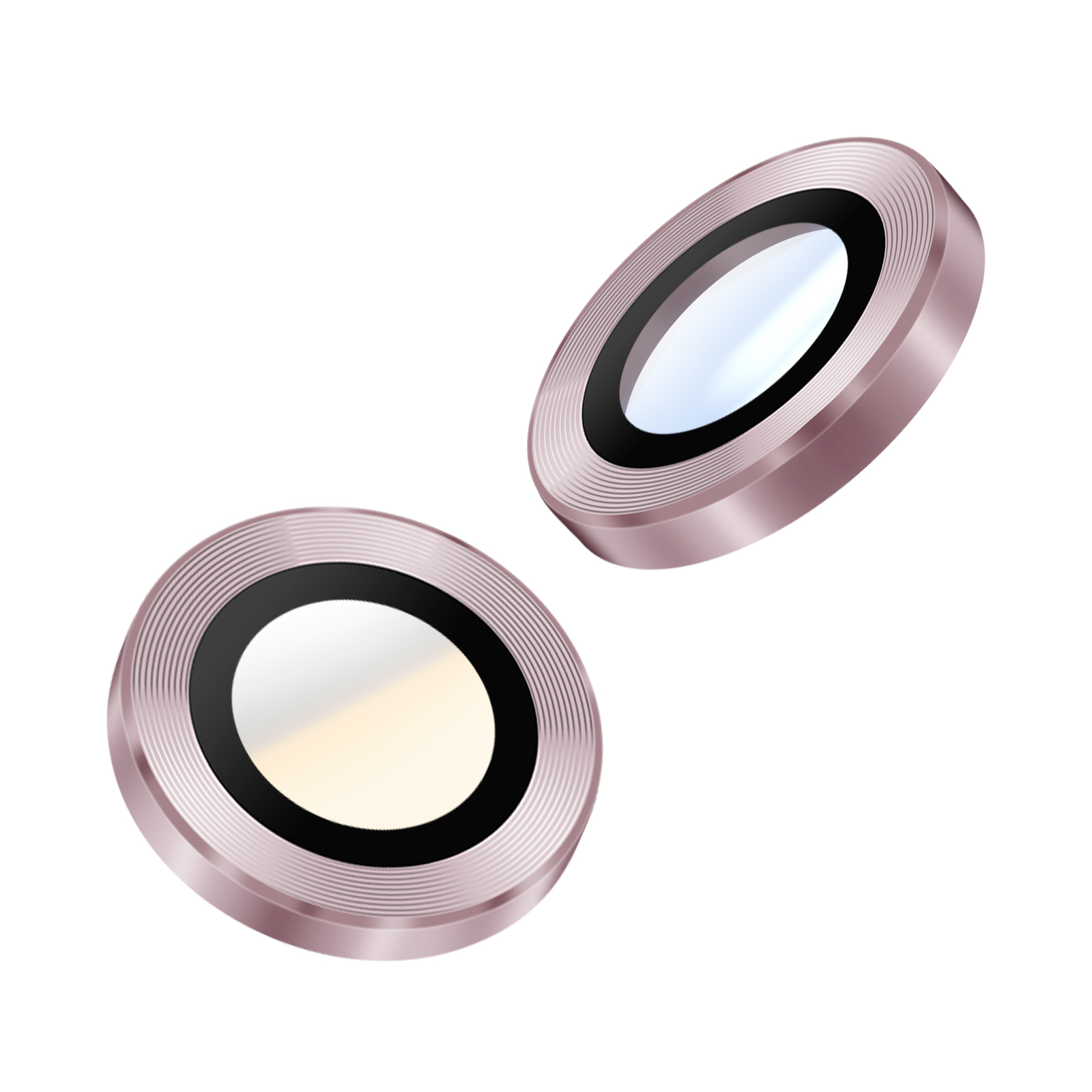 Due obiettivi per fotocamera oro rosa, uno angolato, su sfondo bianco. Ognuno ha un anello interno nero e una lente di vetro.
