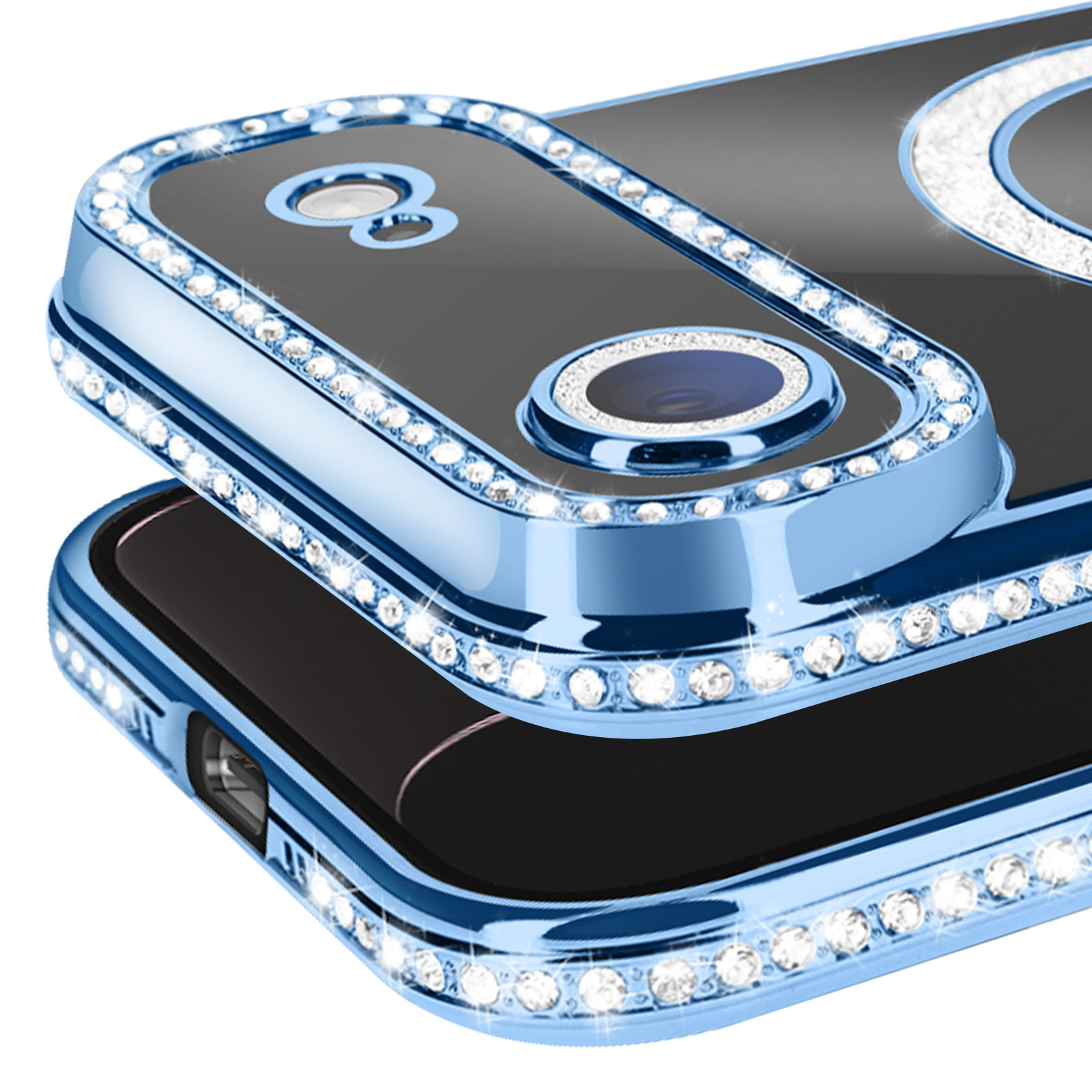 Close-up van twee blauwe telefoonhoesjes. Elke hoes heeft een met diamanten bezette lijst rond de camera en de randen. De achtergrond is wit.