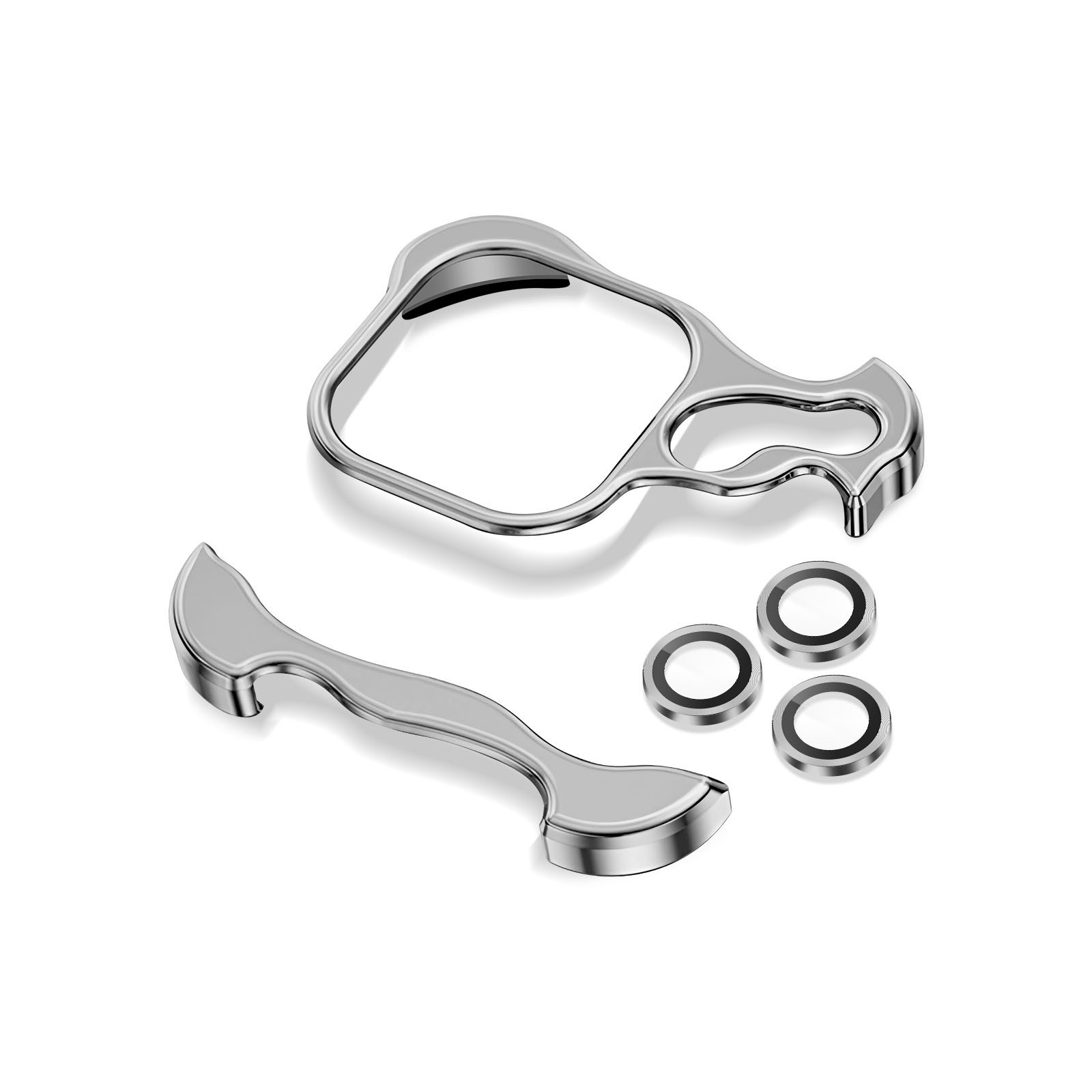 Parti metalliche argentate disposte su bianco. Include un telaio grande, una maniglia più piccola e tre piccoli componenti circolari.