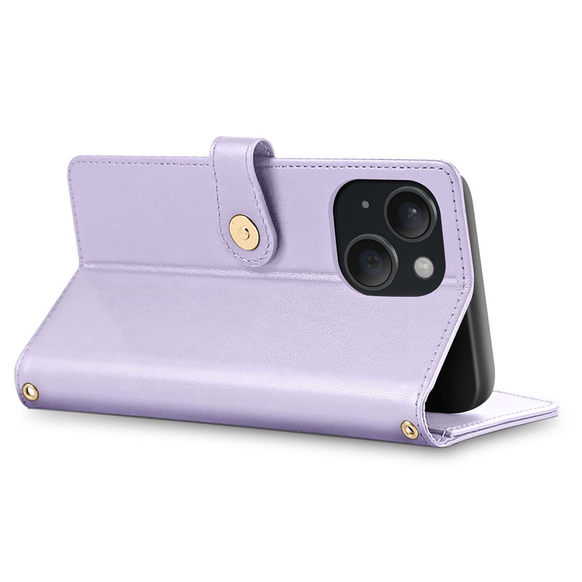 Una custodia per telefono color lavanda contiene un telefono nero. La custodia è aperta, rivelando le lenti della fotocamera e il flash del telefono.