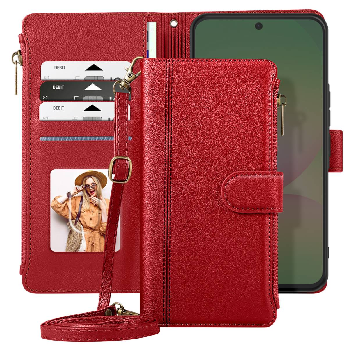 Portafoglio per telefono in pelle rossa con scomparti per carte, cinturino e foto di donna. Un telefono a destra.