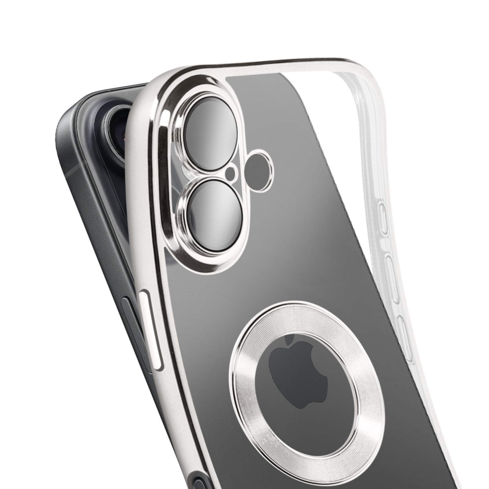 Una custodia trasparente per iPhone con dettagli argentati, che mostra le lenti della fotocamera e il logo Apple, su sfondo bianco.