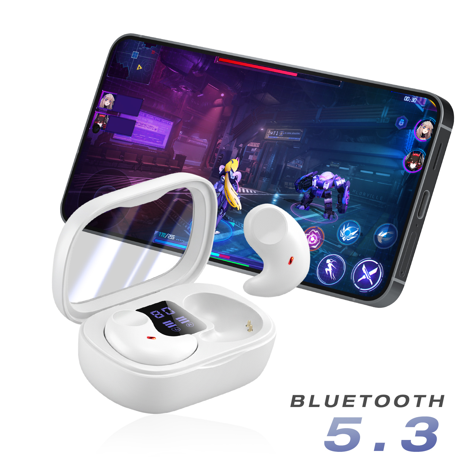 Auricolari bianchi, custodia e telefono che mostra un gioco. Testo Bluetooth 5.3 visibile. Gioco con robot e personaggi.