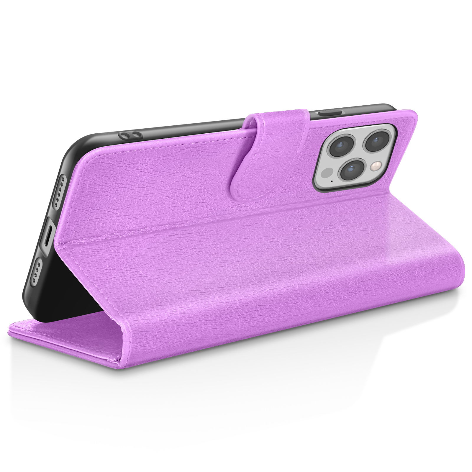 Een paarse telefoonhoes met een telefoon erin. De hoes is open en toont het scherm en de camera van de telefoon.