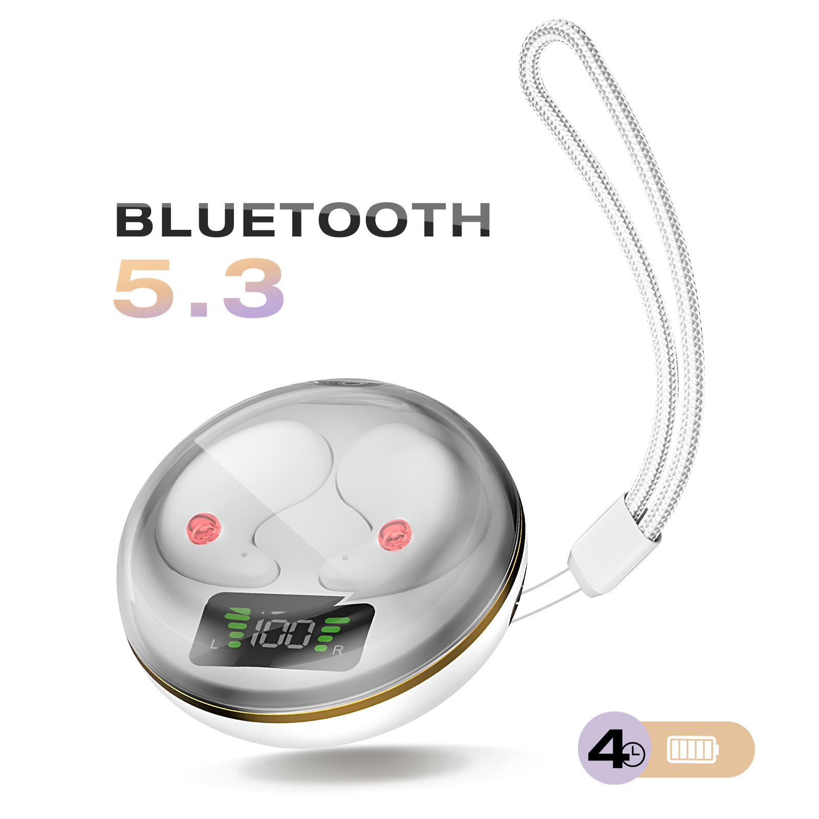 Un estuche para auriculares blanco y plateado con una pantalla que muestra el 100%, el logotipo de Bluetooth 5.3 y un icono de batería.