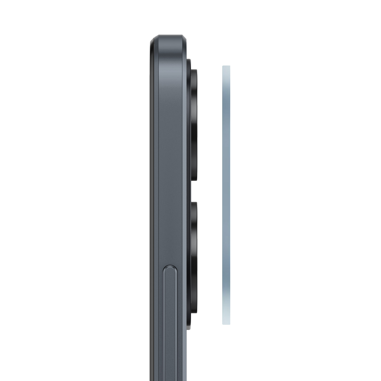Zijaanzicht van een donkergrijze smartphone met drie cameralenzen en een lichtgekleurde verticale balk rechts. Witte achtergrond.