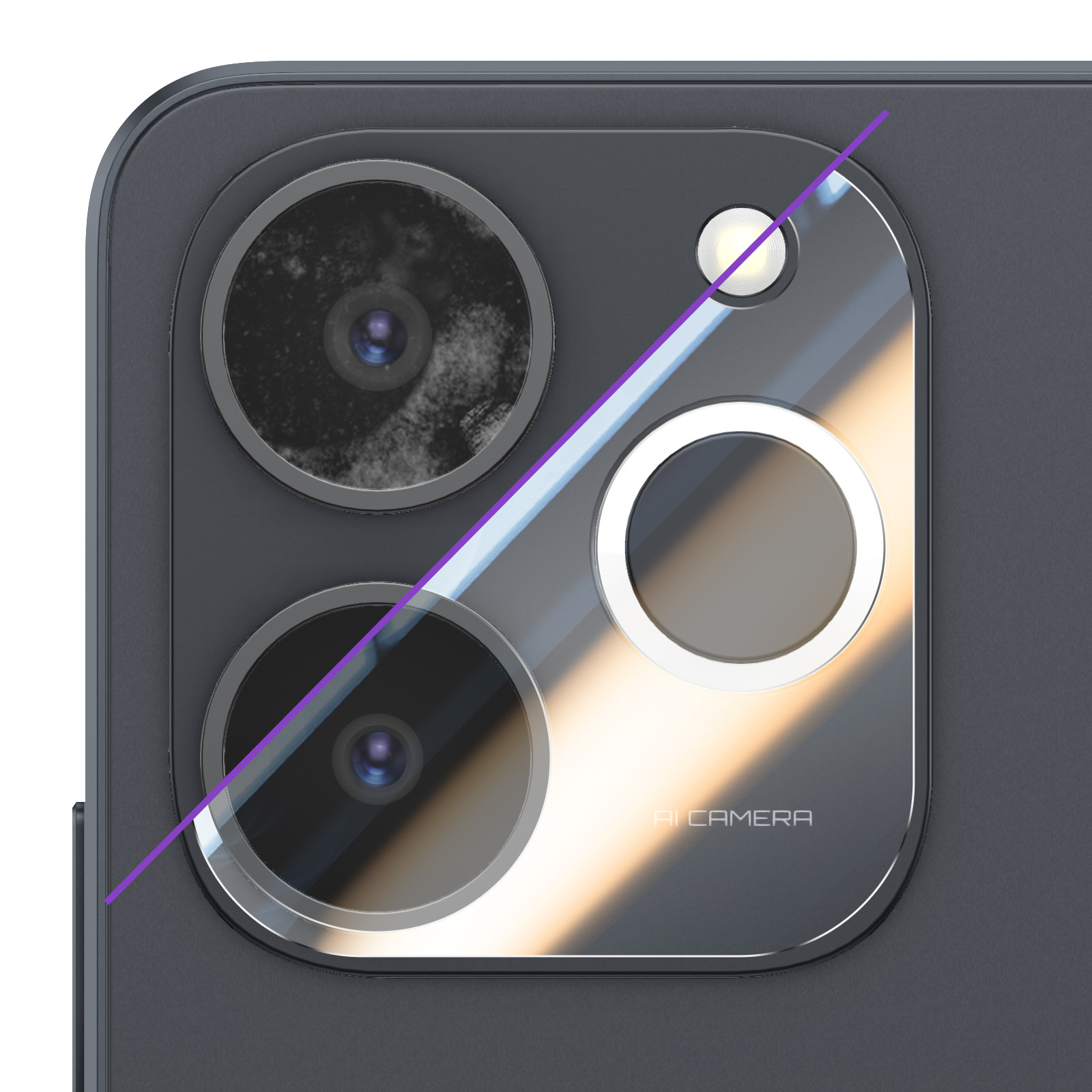 Close-up van de camera-opstelling van een smartphone met meerdere lenzen, een flitser en 'AI CAMERA' tekst op een donkere achtergrond.