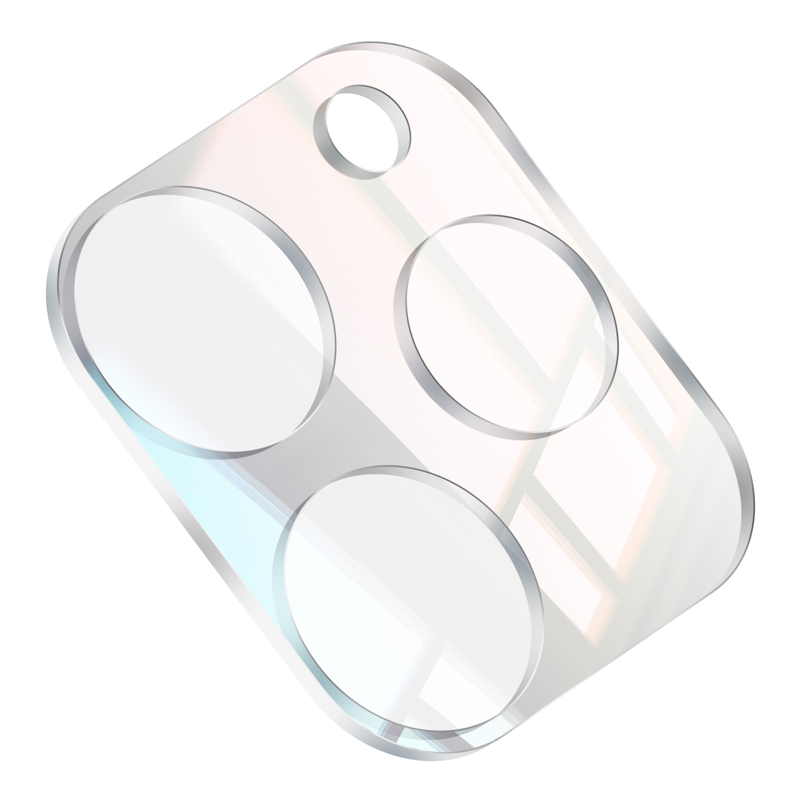 Helder, rechthoekig glas met afgeronde hoeken. Het heeft vier cirkelvormige uitsparingen en een klein gat bovenaan.