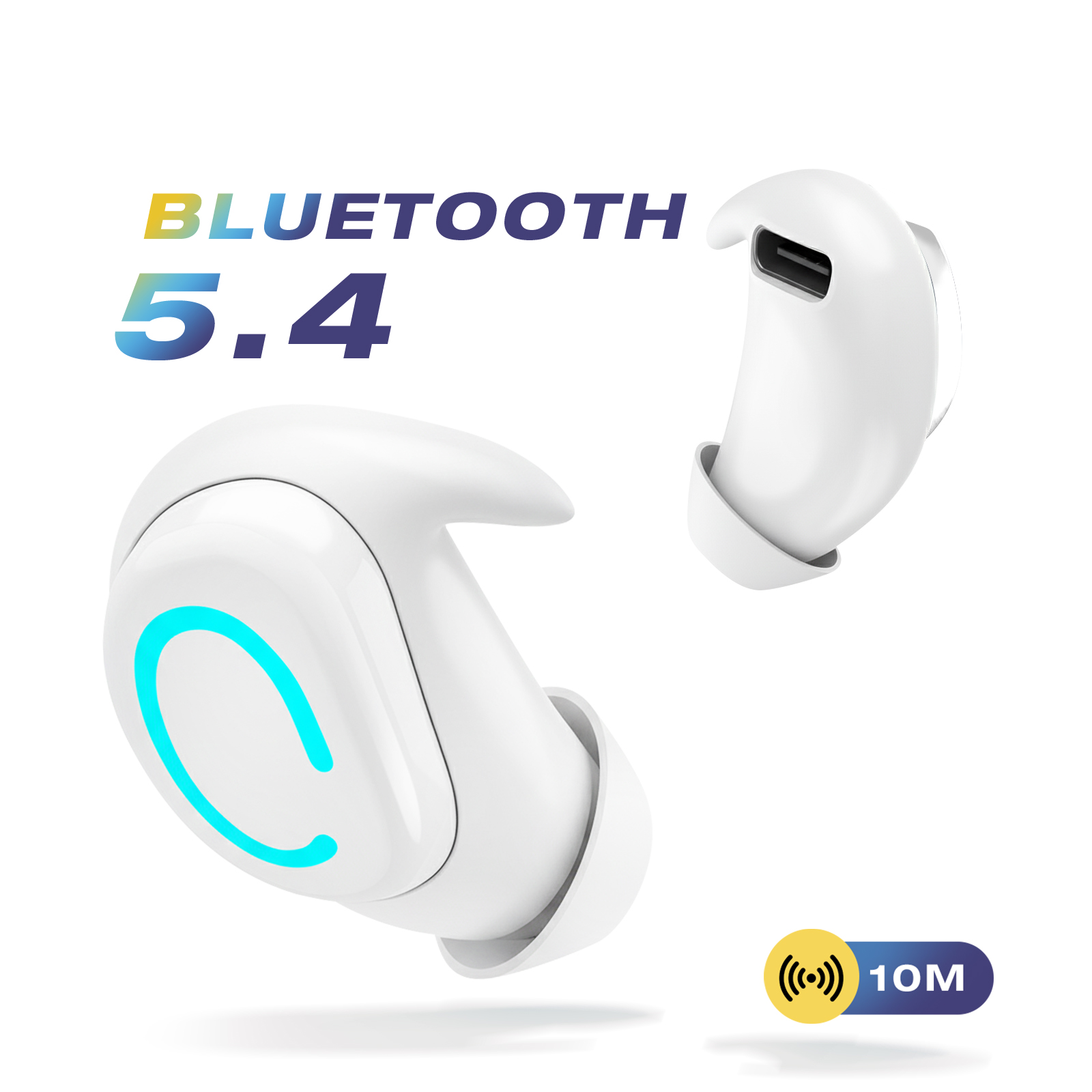 Écouteurs sans fil blancs avec des accents de lumière bleue. Bluetooth 5.4 est affiché. Une icône jaune indique une portée de 10M.