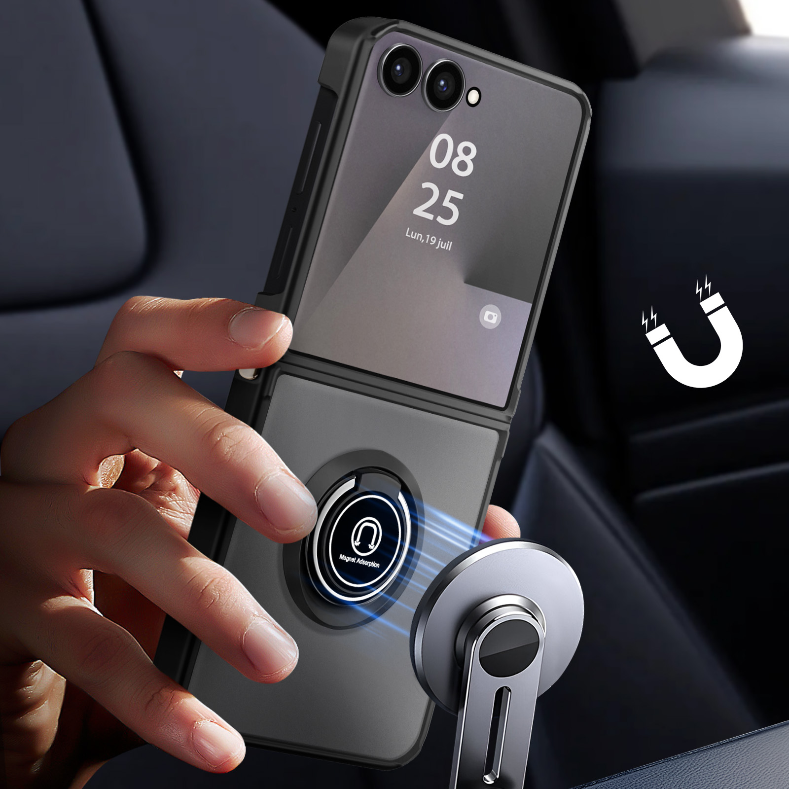 Une main tient un téléphone avec une bague magnétique. Le téléphone affiche la date. Un support de voiture magnétique est également présent.
