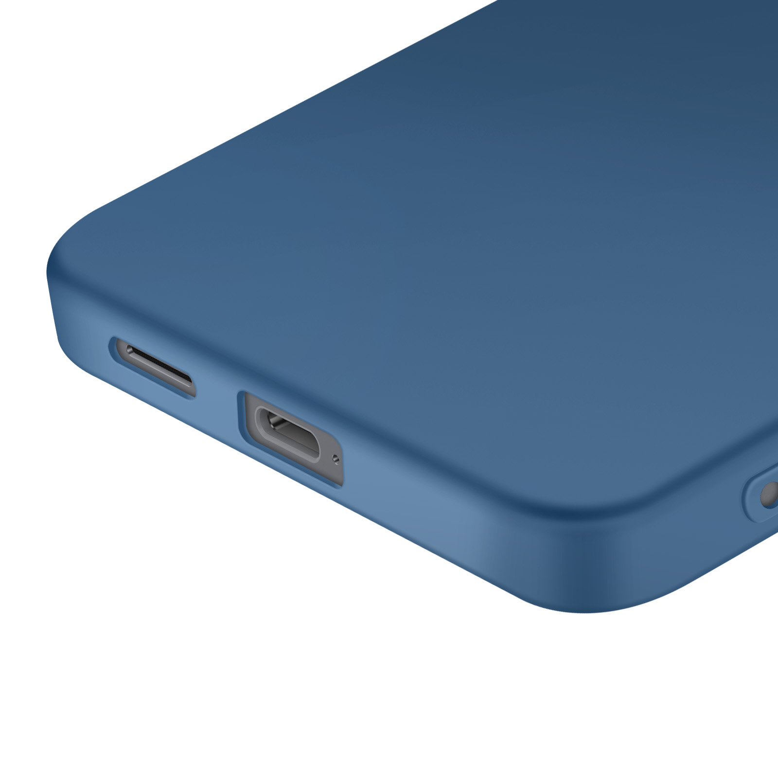 Close-up van een blauwe telefoonhoes met oplaadpoort en luidsprekeropening. Witte achtergrond.