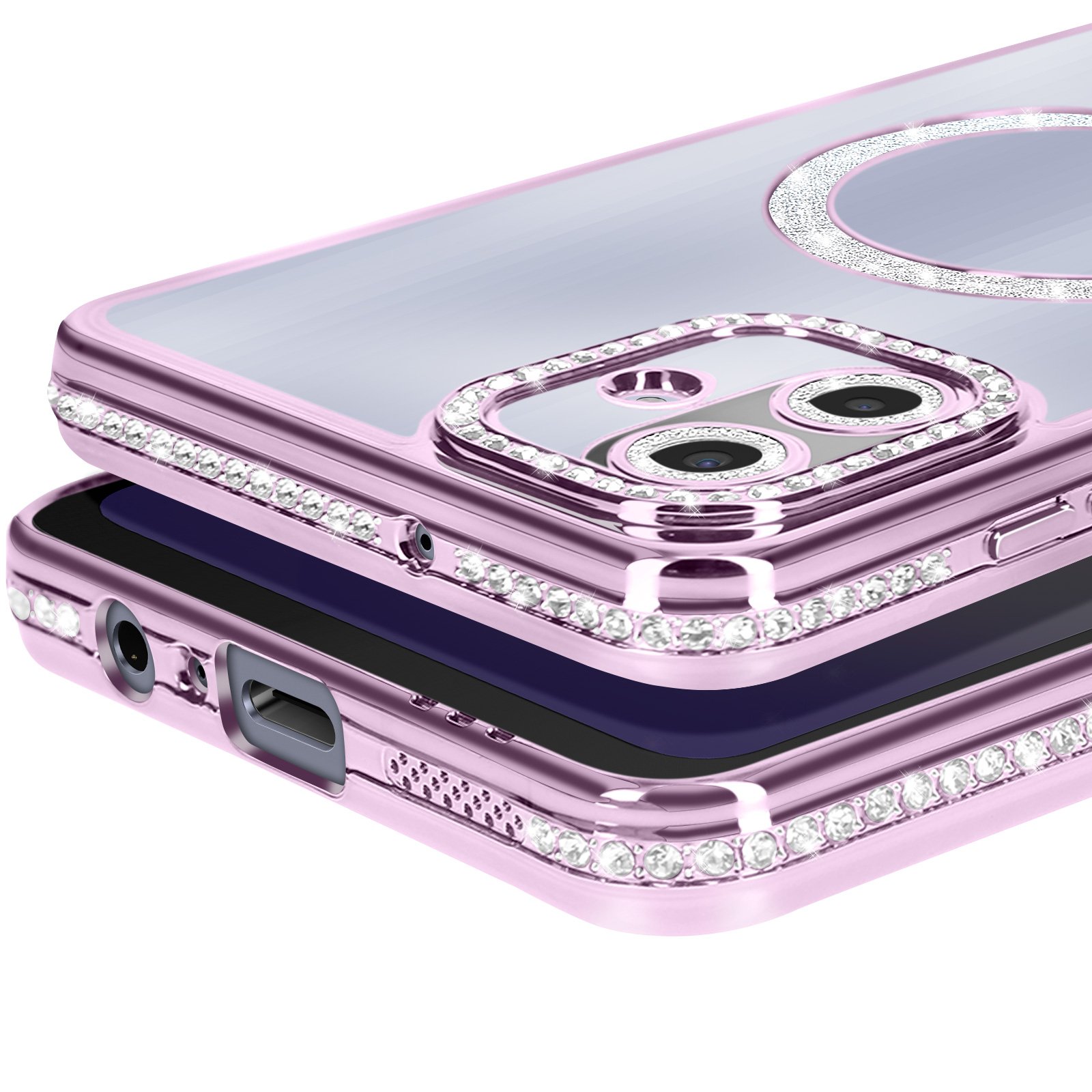 Primo piano di una custodia per telefono rosa con strass incastonati. Ha un ritaglio per la fotocamera e un retro trasparente.