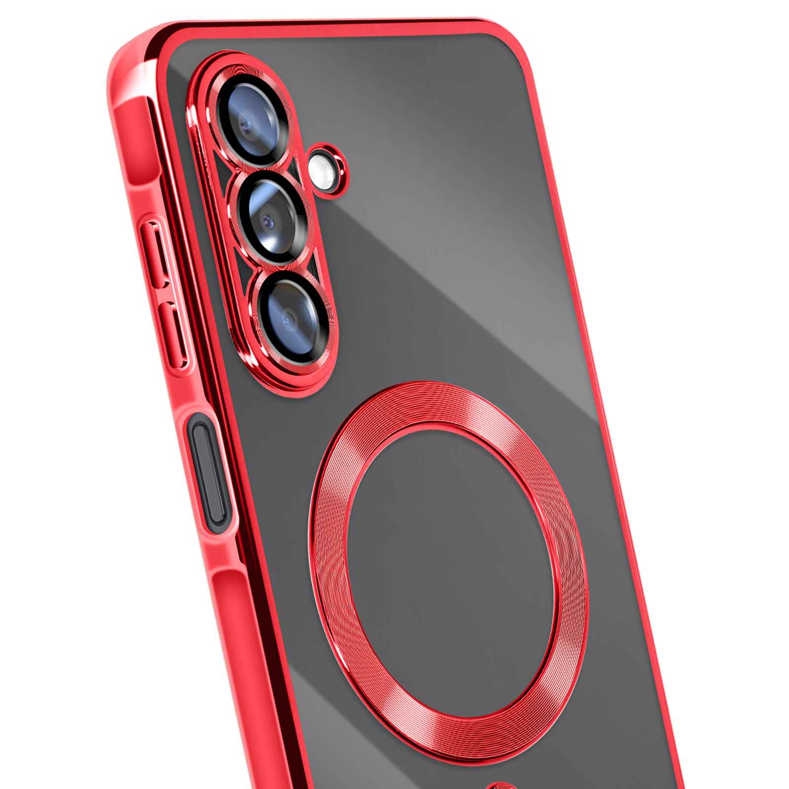 Rode telefoonhoes met camera-uitsparingen en ringdetail. Grijze achterkant. Schuine weergave tegen een witte achtergrond.