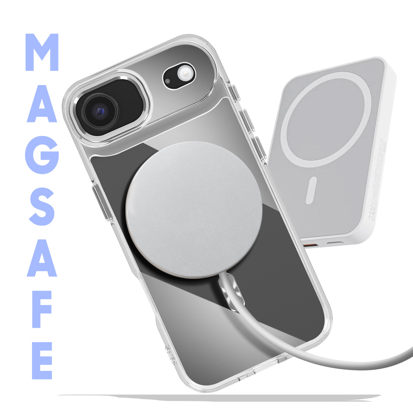 Een telefoonhoesje met een MagSafe-oplader en powerbank. De hoes is transparant en de oplader grijs.