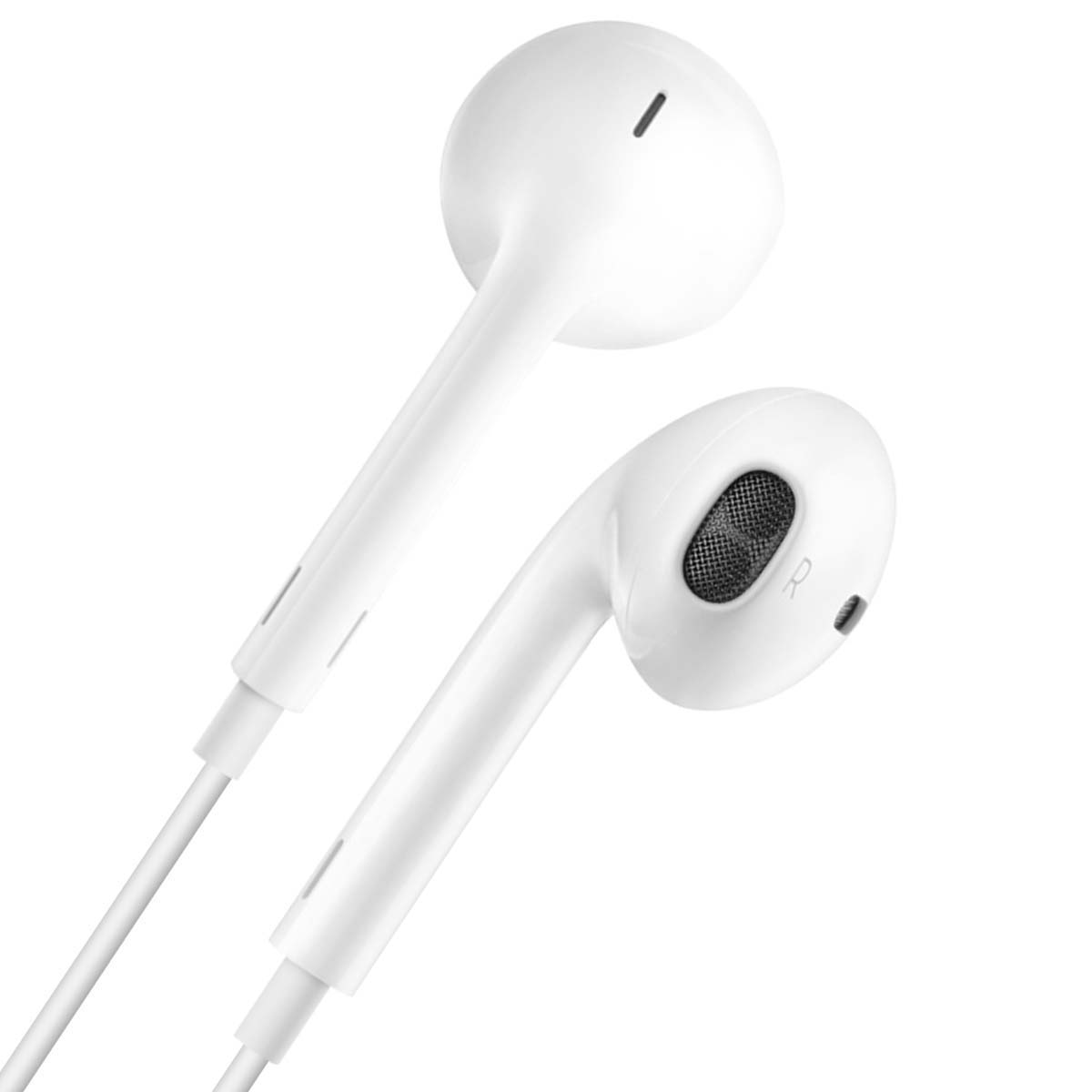 Deux écouteurs blancs au design simple sur fond blanc. Un écouteur est plus proche, avec un maillage.