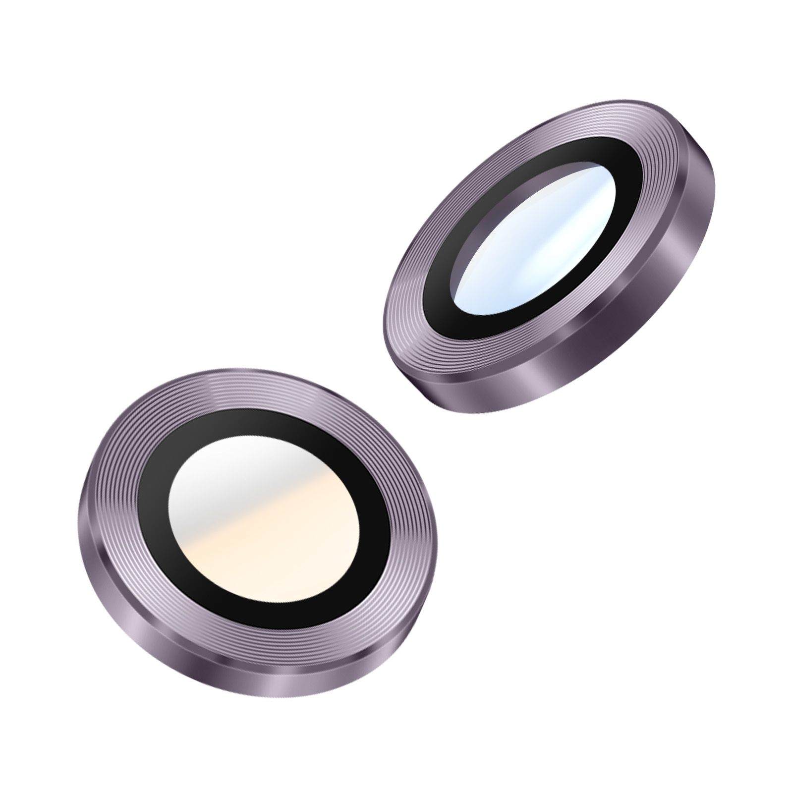 Due coperture metalliche per obiettivi fotografici su sfondo bianco. Ognuna ha un anello interno nero e vetro riflettente.