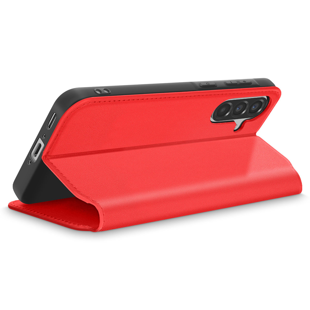 Una custodia rossa per telefono è aperta, rivelando un telefono nero. La custodia è angolata, mostrando la fotocamera e i pulsanti del telefono.
