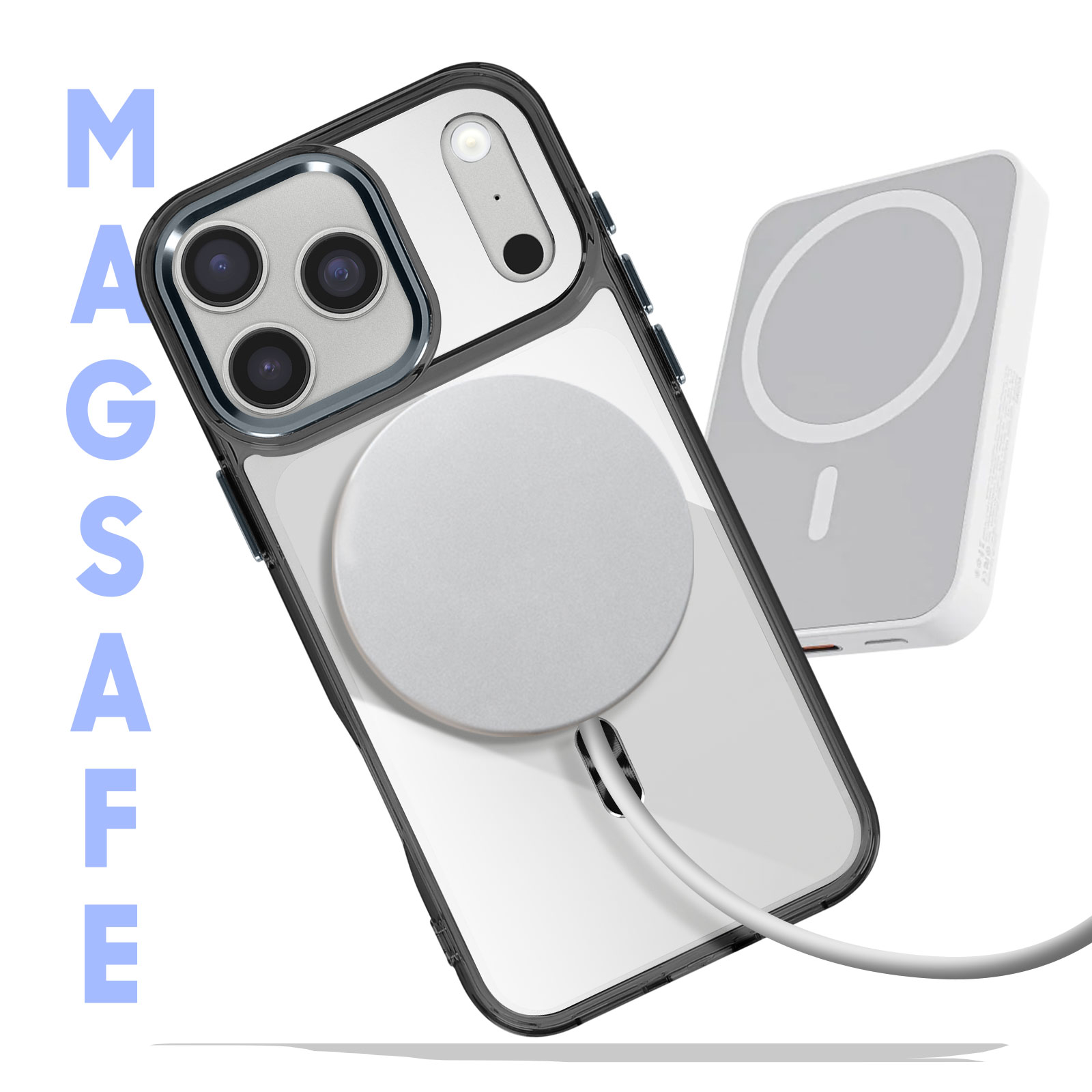 Een iPhone met een MagSafe-oplader en een draagbare oplader worden weergegeven. Het woord MAGSAFE staat verticaal links.