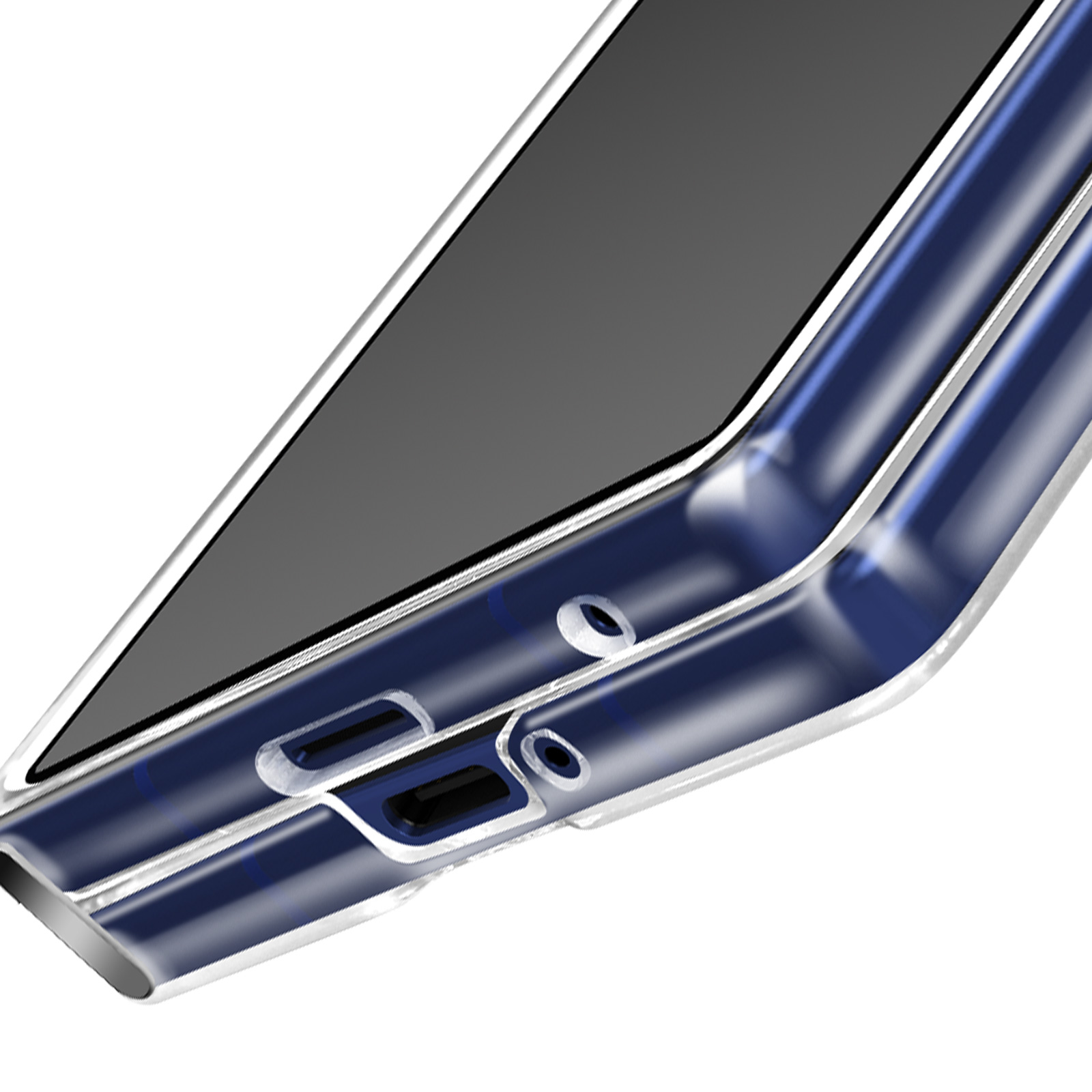 Primo piano di un telefono in una custodia blu trasparente. Lo schermo è nero. Il fondo ha porte e fori.