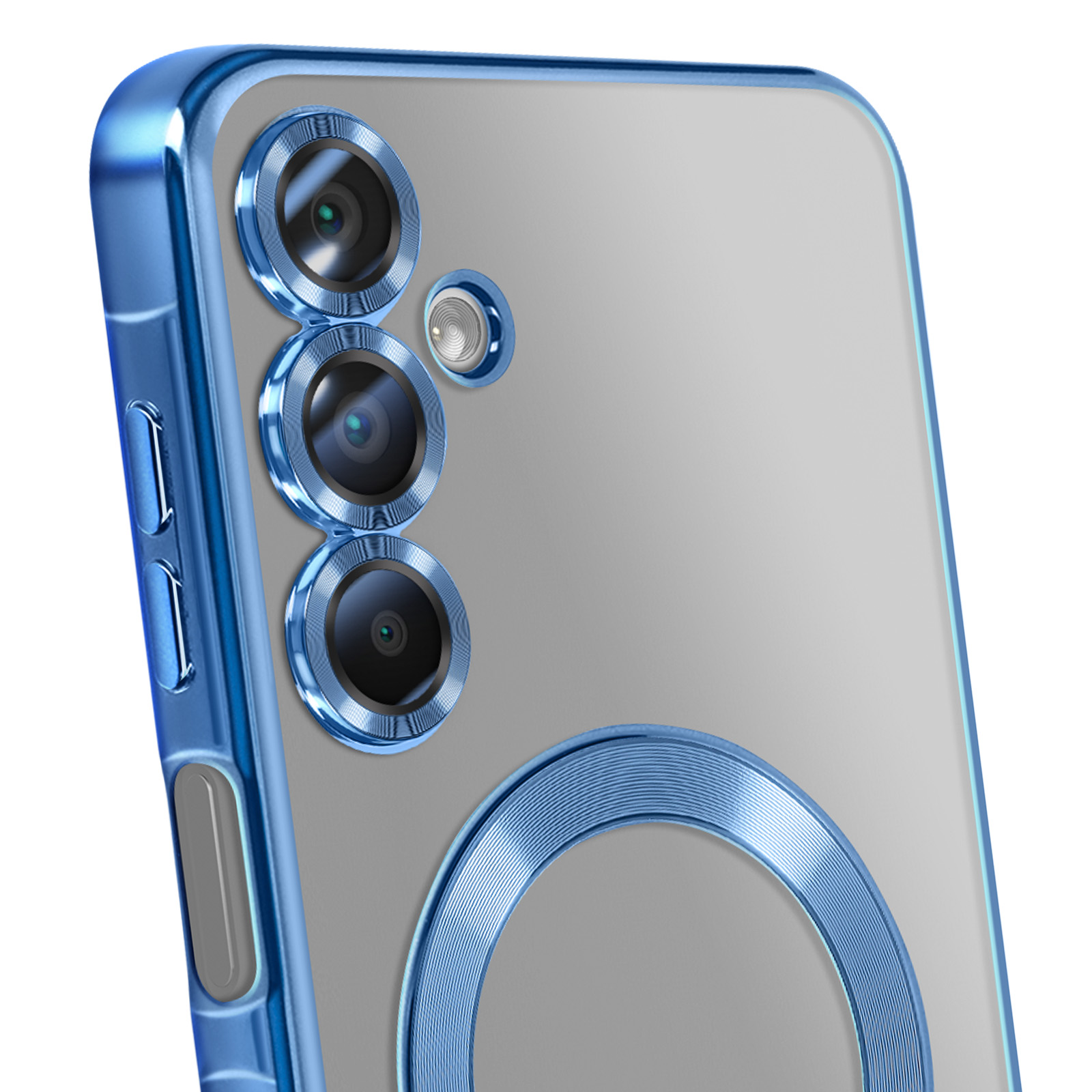 Eine Telefonrückseite mit drei Kameras, umgeben von einem blauen Rahmen. Die Kameras haben blaue Ringe.