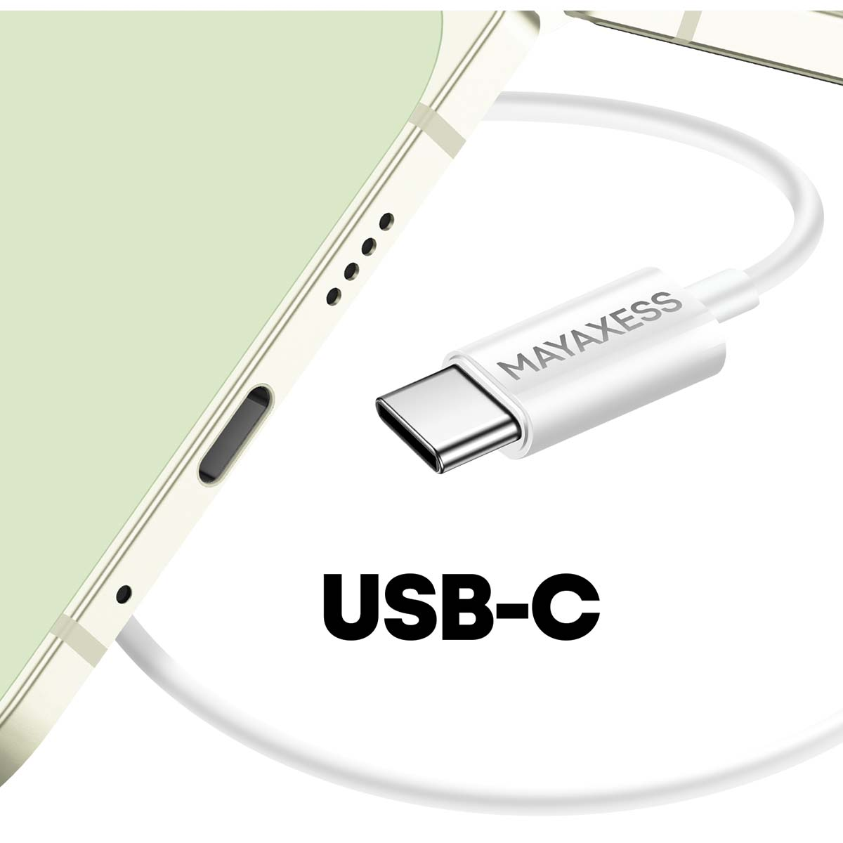 Un câble USB-C blanc avec le mot MAYAXESS sur le connecteur. Un téléphone est visible à gauche. Le texte USB-C est en dessous.