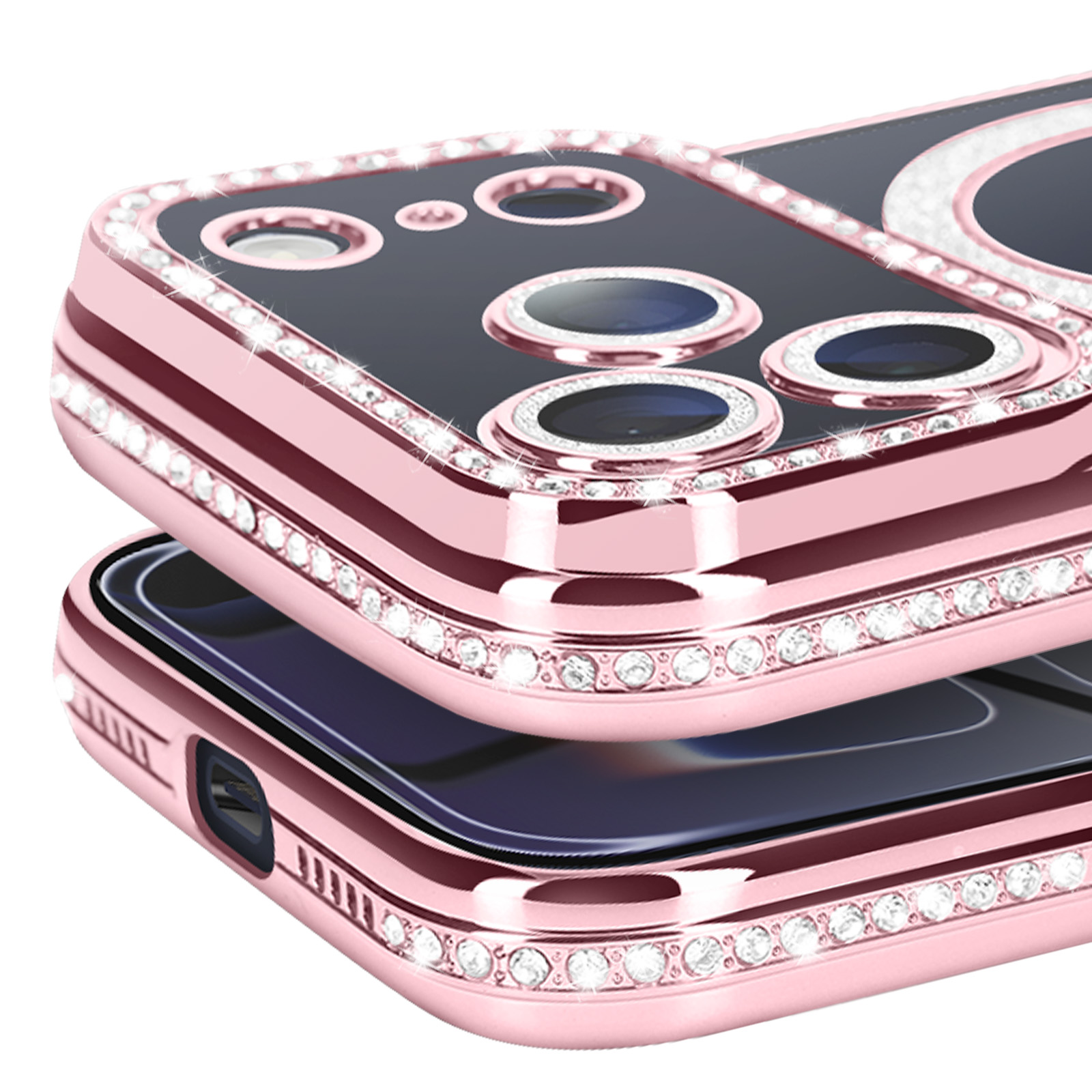 Gros plan de deux coques de téléphone or rose, l'une sur l'autre, avec des ornements en forme de diamants.