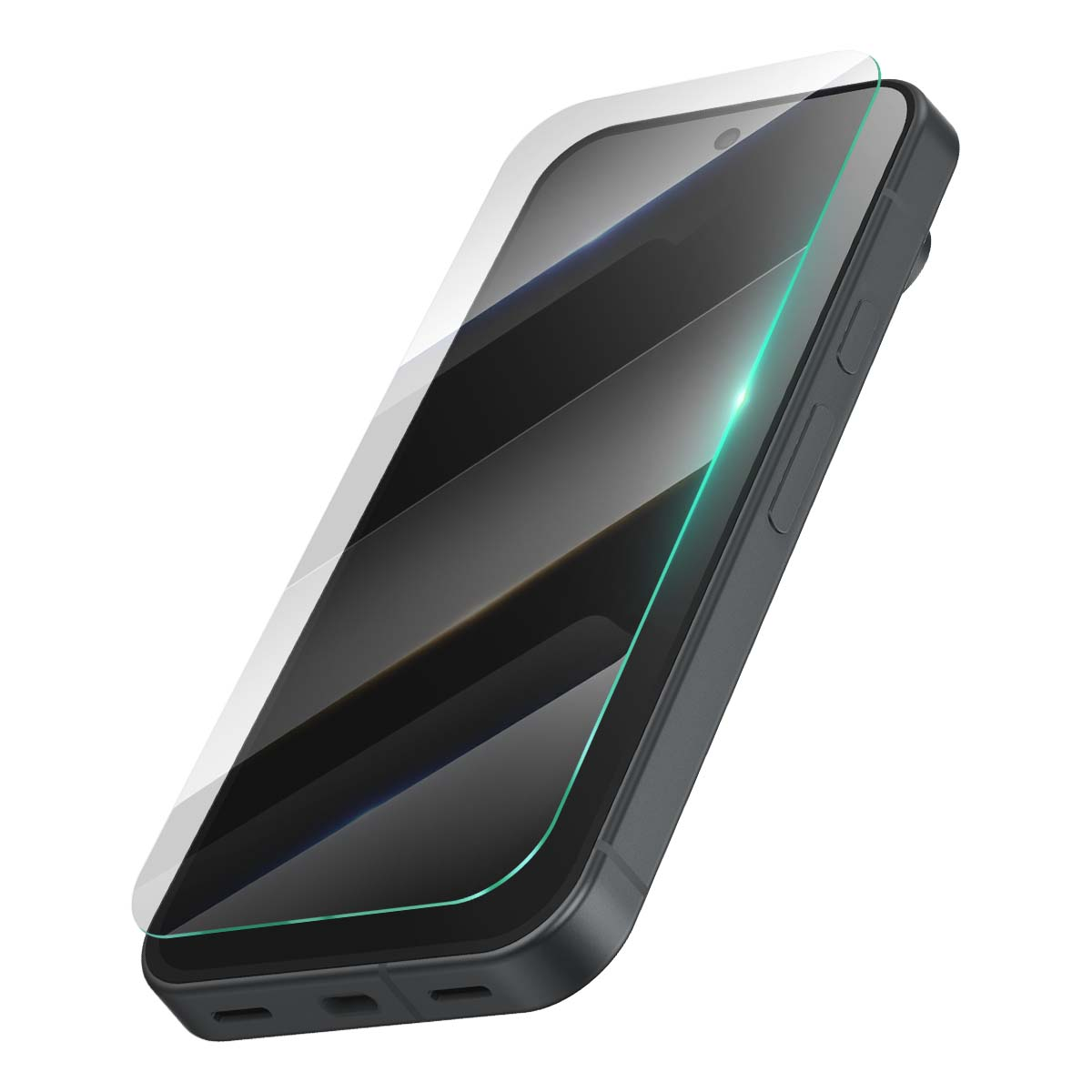 Un smartphone con protector de pantalla. El teléfono es gris oscuro, el protector transparente y el fondo blanco.