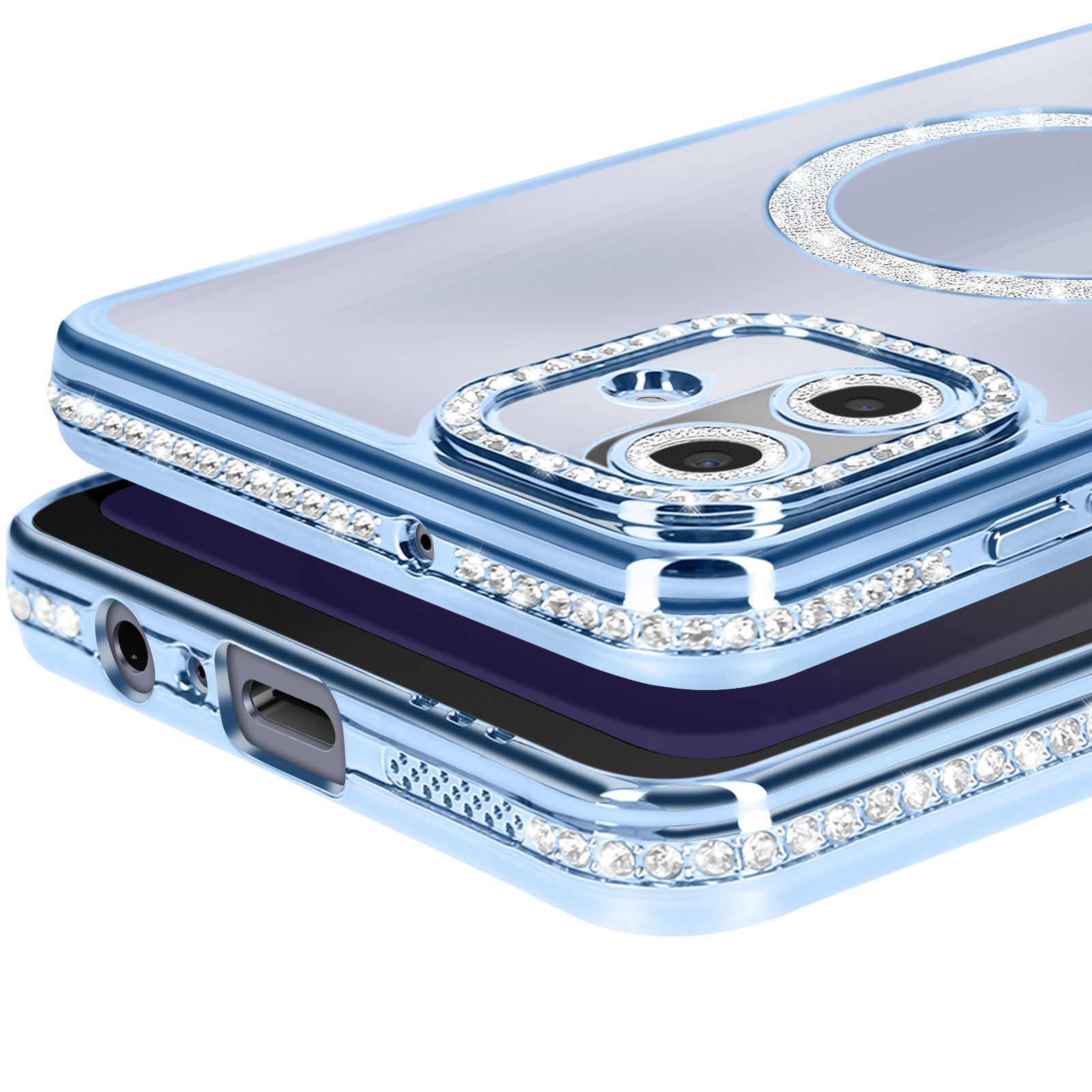 Custodia blu per telefono con retro trasparente. Decorata con strass attorno alla fotocamera e ai bordi.