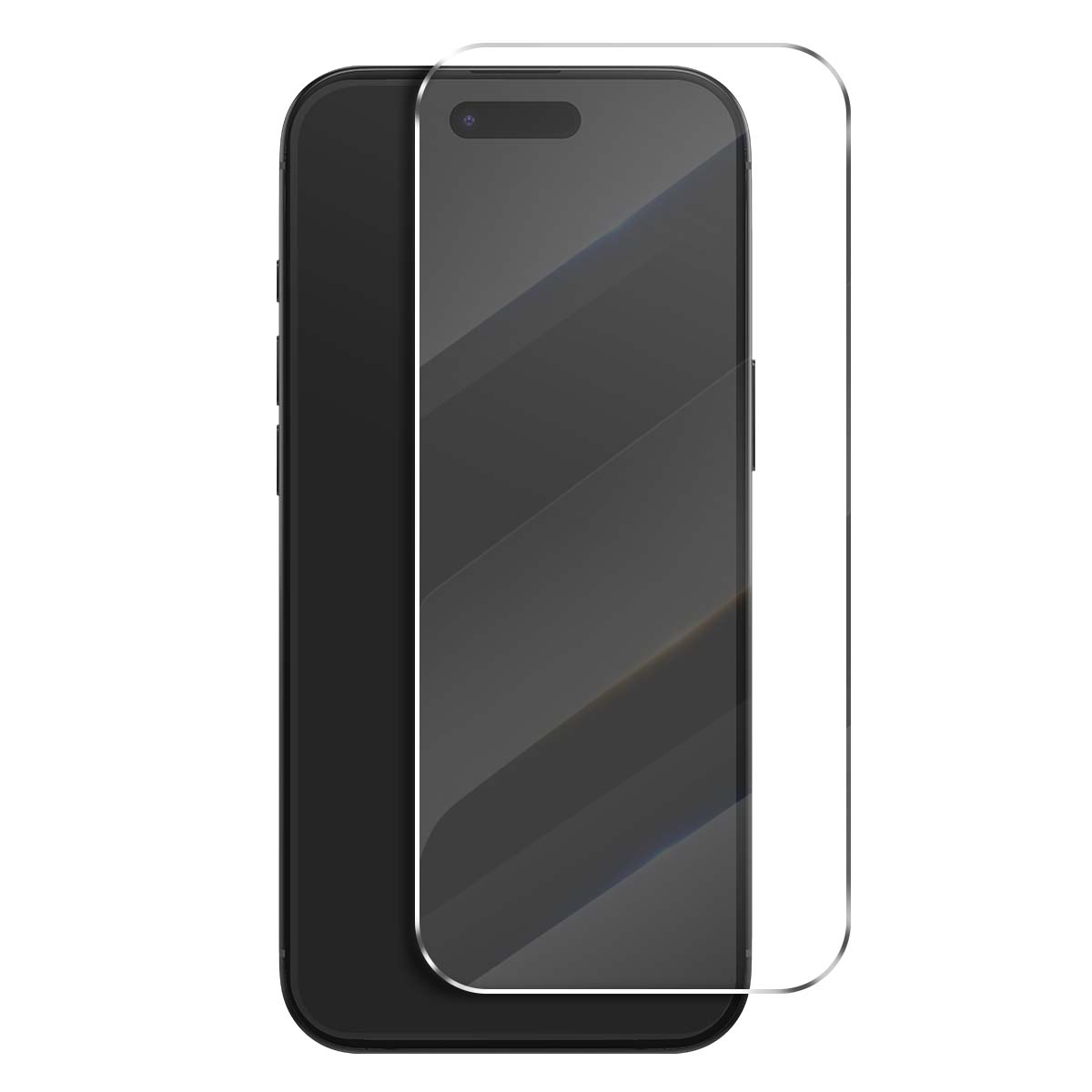 Ein schwarzes Smartphone mit Displayschutzfolie. Das Telefon ist schwarz, der Schutz transparent. Der Bildschirm ist aus.