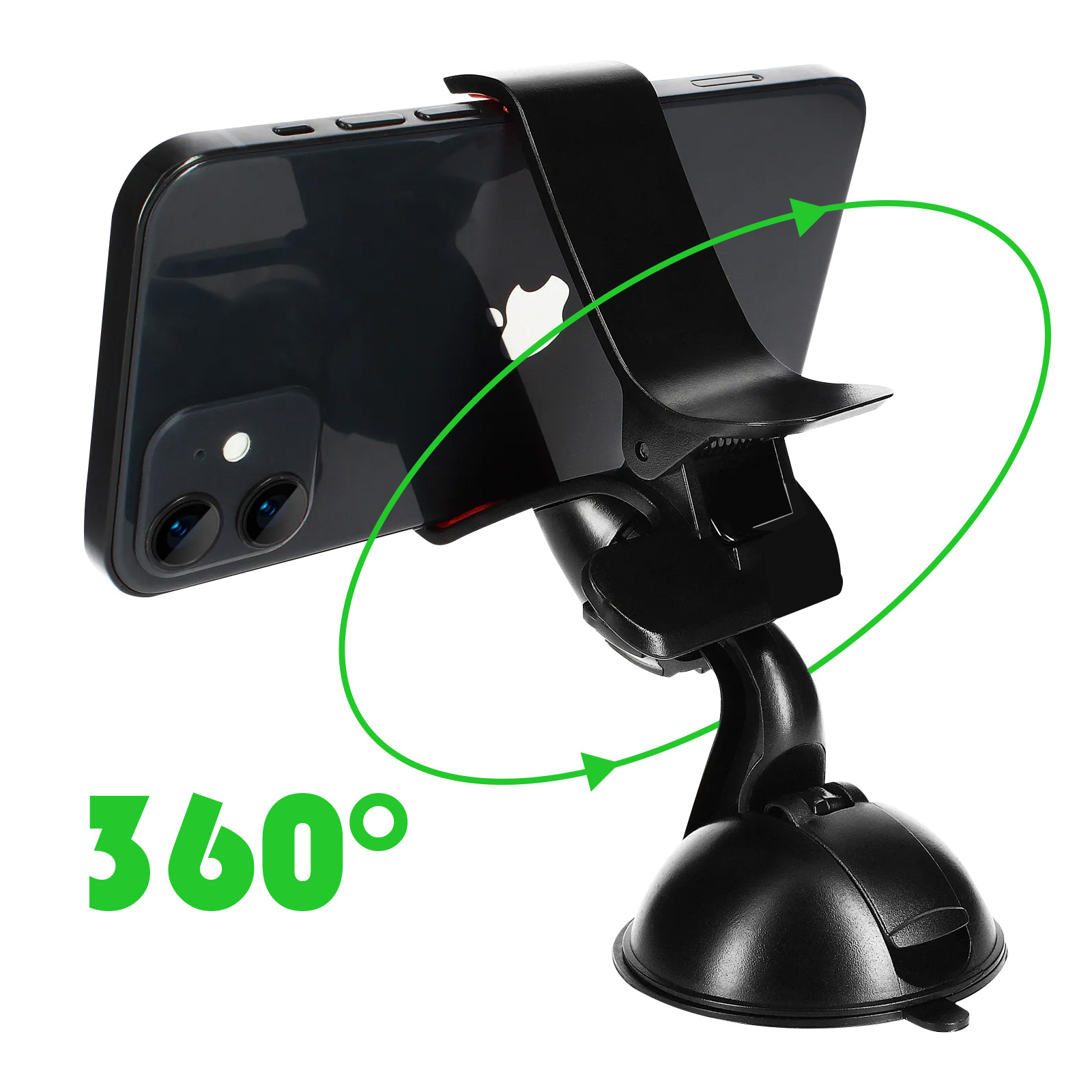 Telefono nero in un supporto per auto nero. Una freccia verde indica una rotazione di 360 gradi.