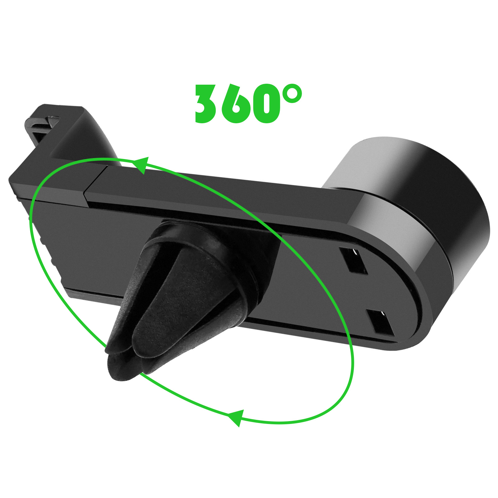 Un supporto nero per telefono da bocchetta con indicatore di rotazione a 360 gradi.