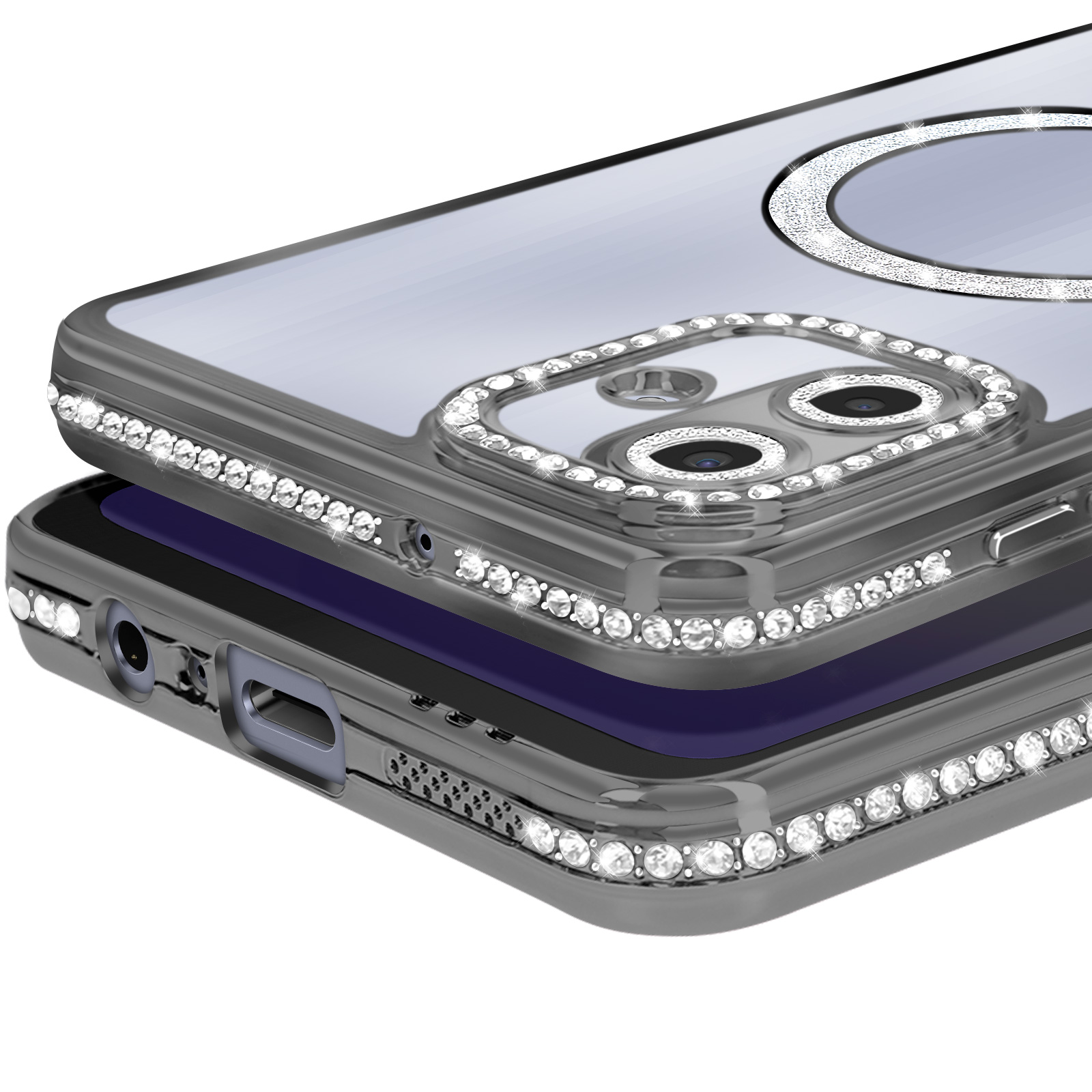 Primo piano di una custodia per telefono con strass incastonati. La custodia è grigia con retro trasparente e supporto ad anello.