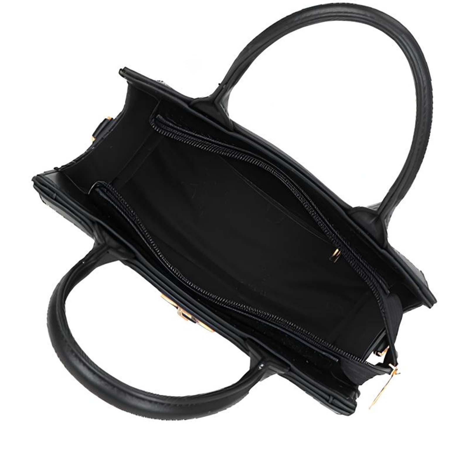 Bolso negro sobre fondo blanco. Abierto, con dos asas. Cremalleras y detalles dorados visibles.