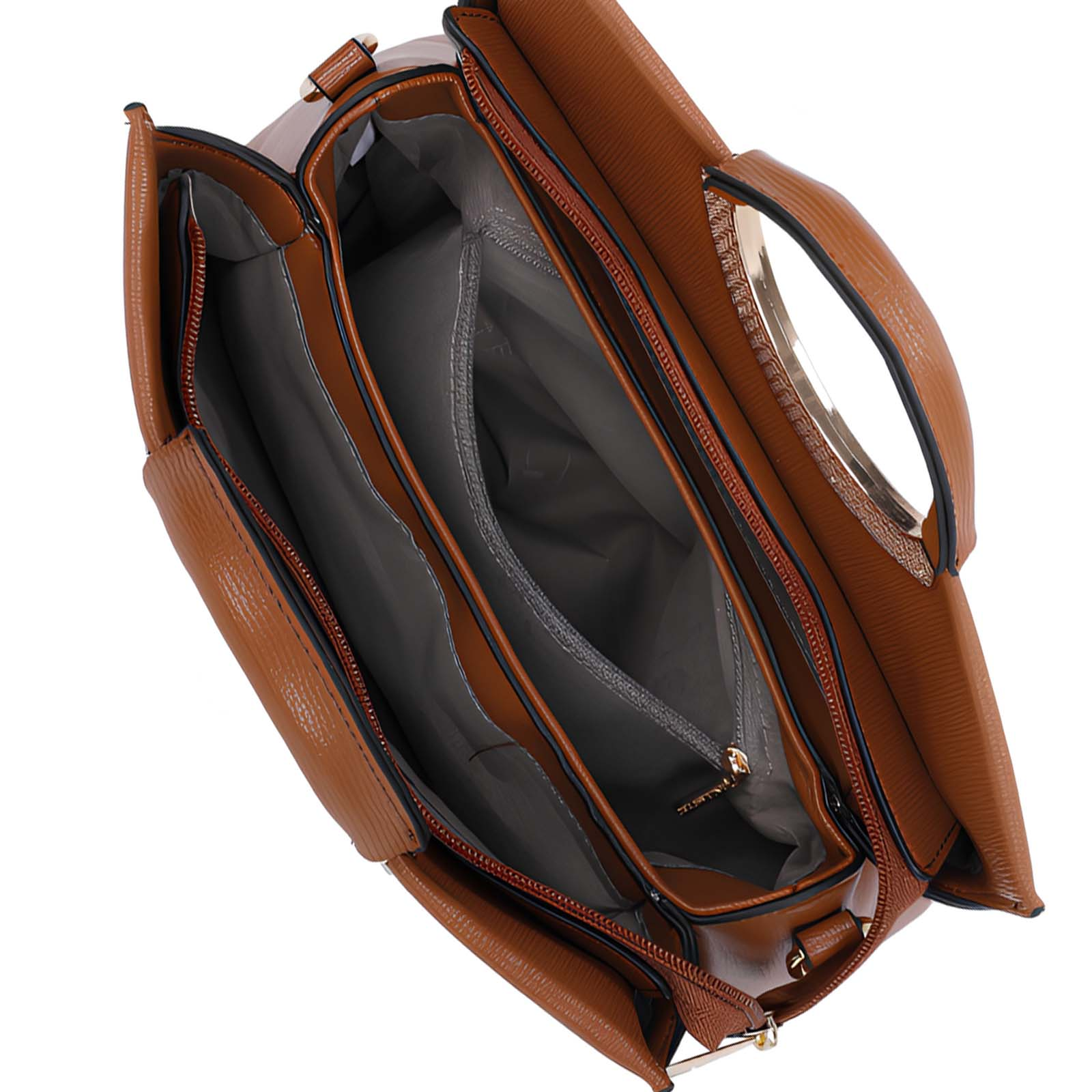 Bolso de mano marrón abierto con múltiples compartimentos, cremalleras y asa dorada. Interior de tela gris.